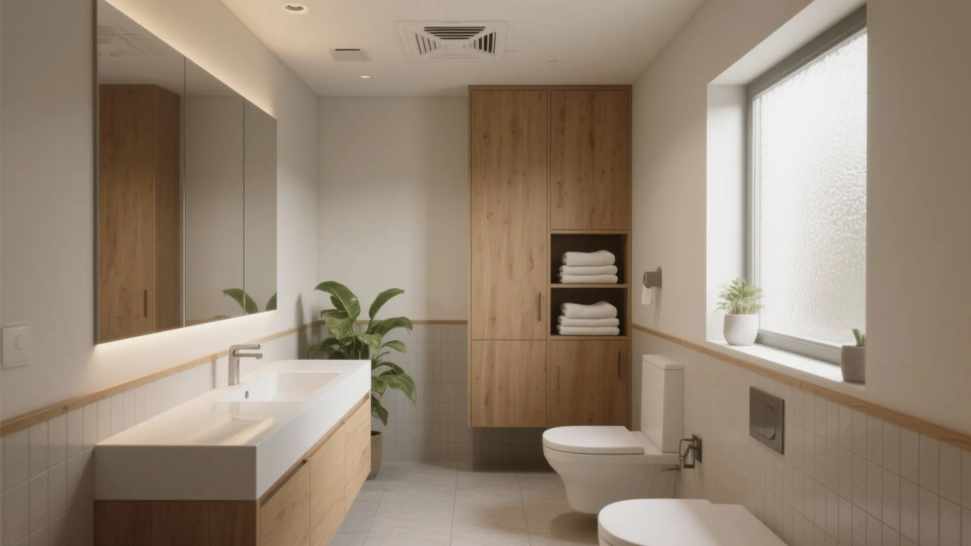 Clean bathroom with wooden tall cabinet white toilet large mirror and frosted window natural light