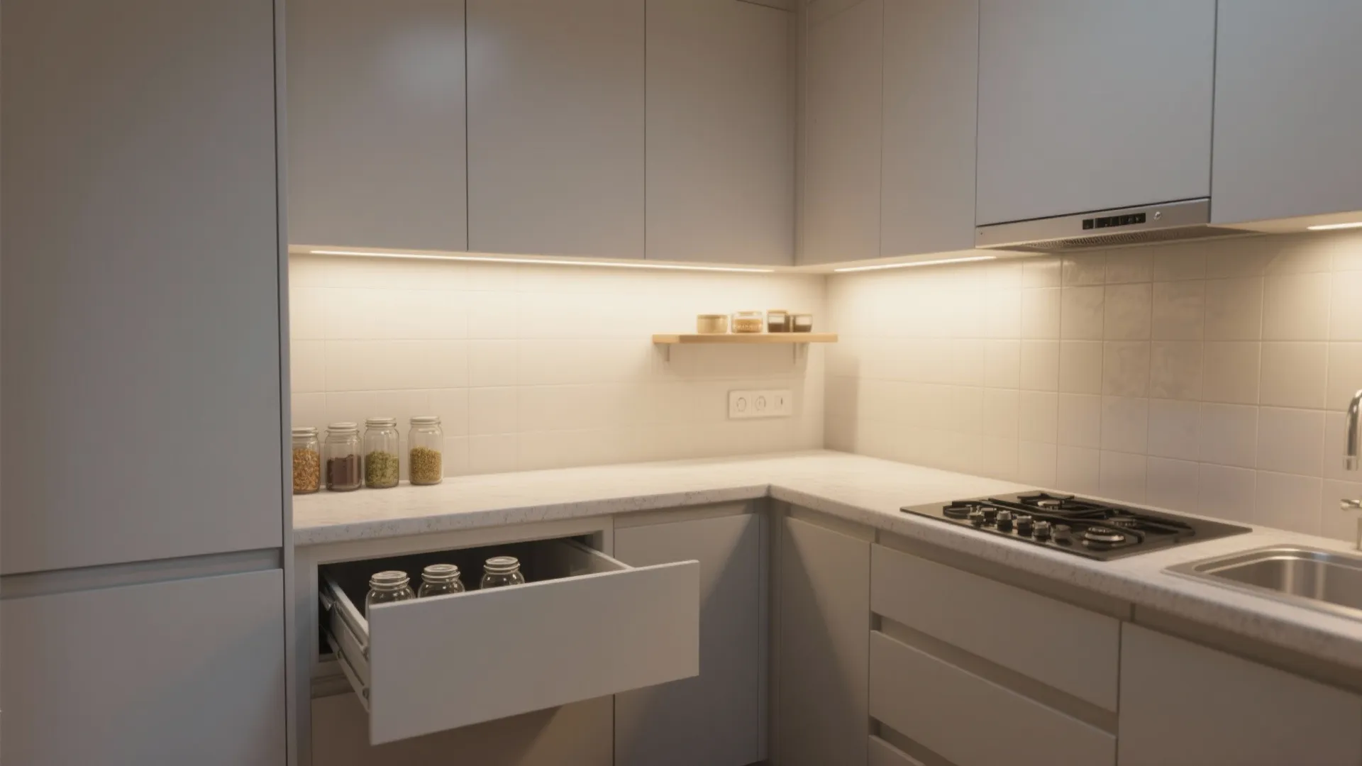 Modern kitchen with white cabinets open drawer with glass jars gas stove and warm lighting