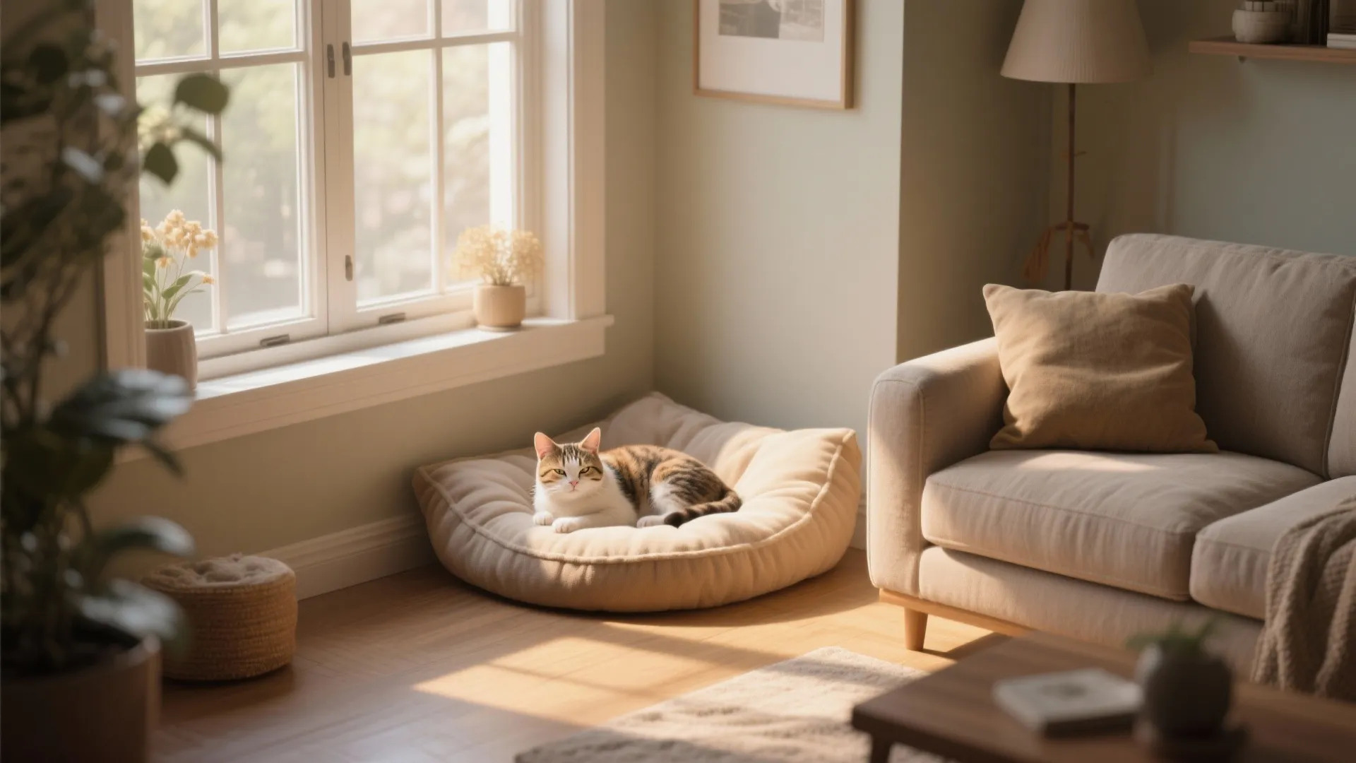 Cozy living room corner with a cat lying on a soft bed near the window