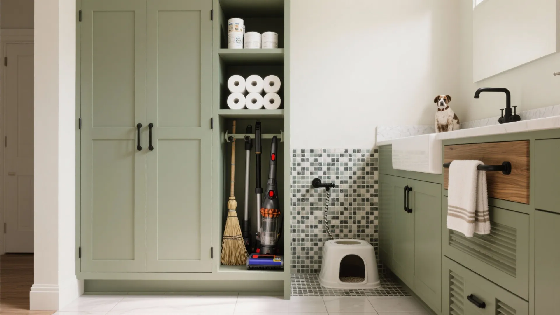 4) Tall Cabinets for “Ugly” Storage + Pet Corner