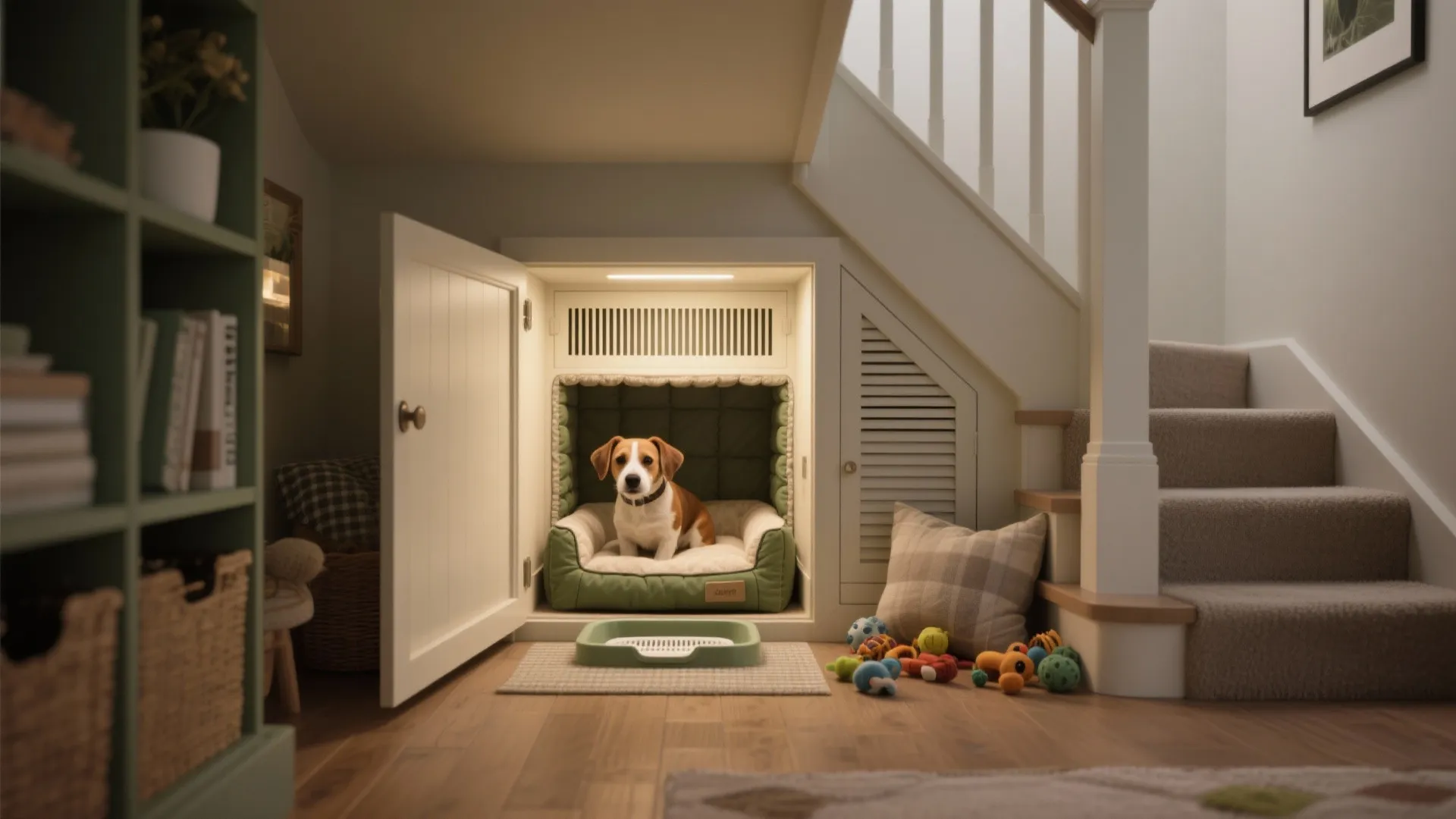 Small dog sitting inside a cozy built-in pet bed under a wooden staircase with lighting