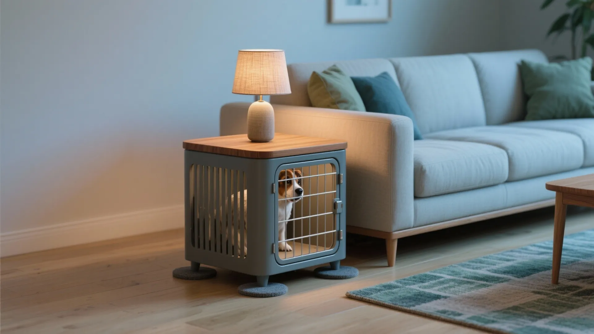 A dog crate end table with a small lamp next to a modern grey sofa