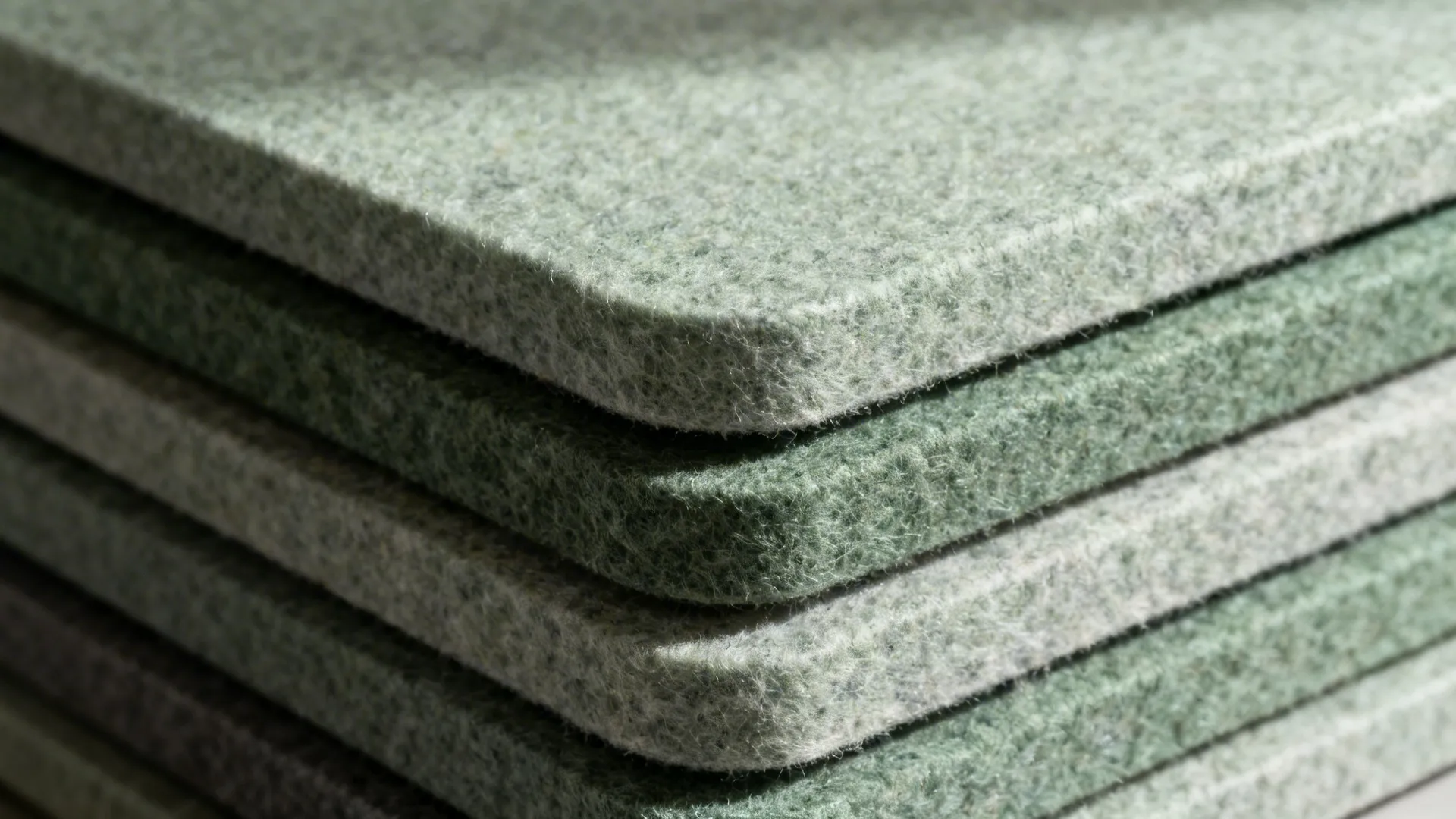 Macro texture of staggered PET felt acoustic panels with cleanable facing.