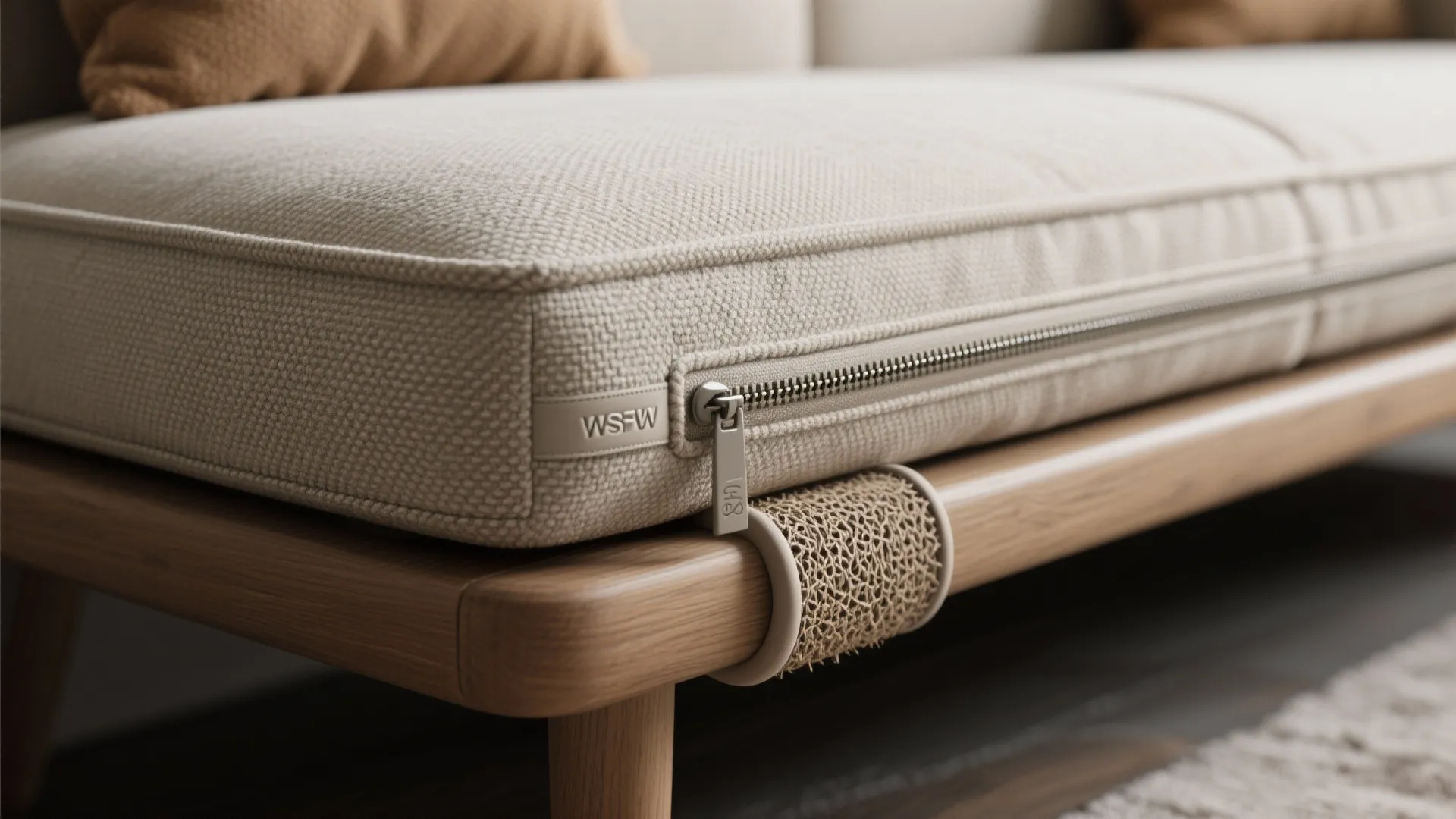 Close-up of tightly woven, removable cover fabric and reinforced seams for pet-friendly benches.
