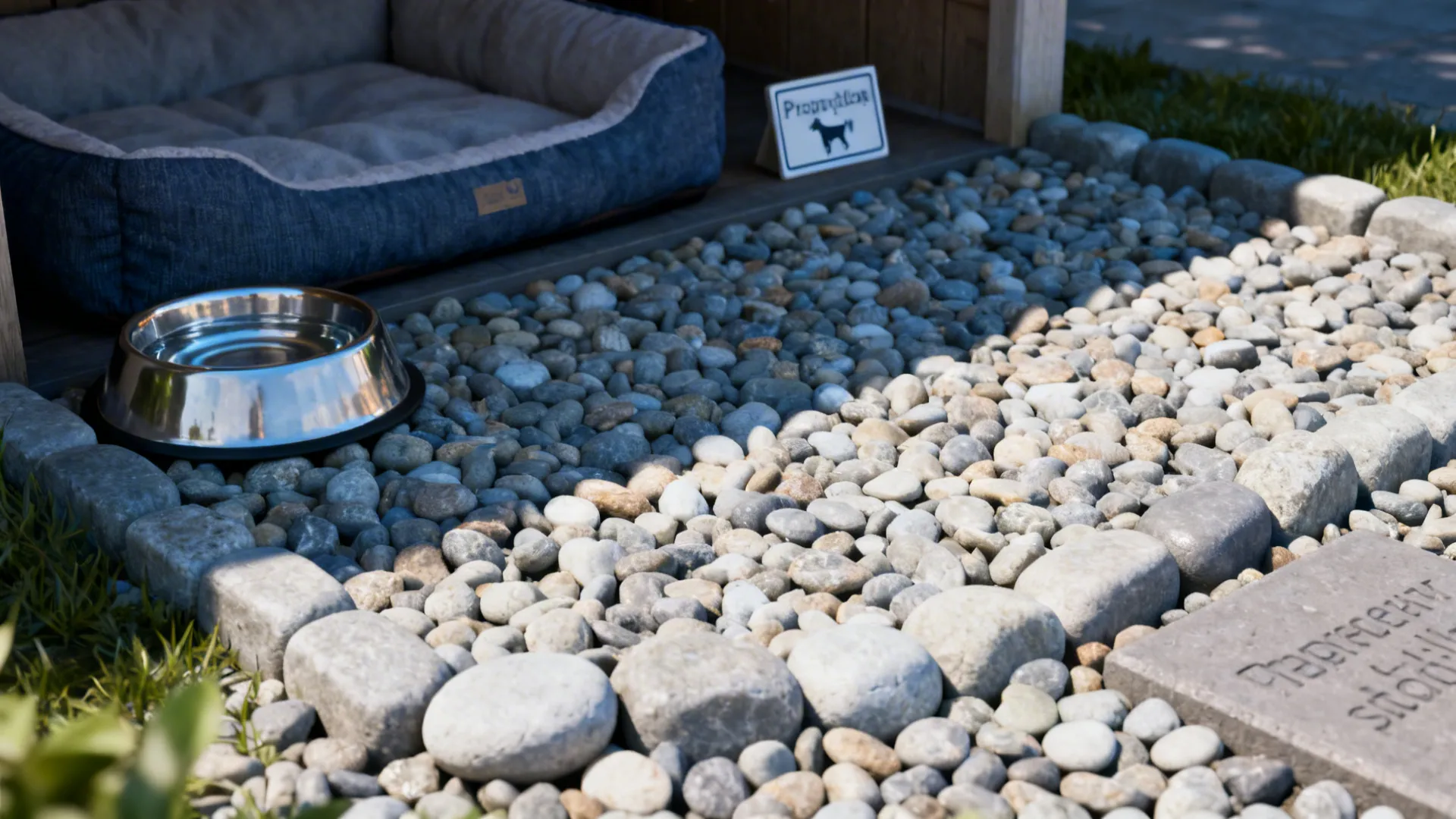 Close-up of rounded pea gravel and a shaded pet spot with water bowl to show pet-friendly landscaping