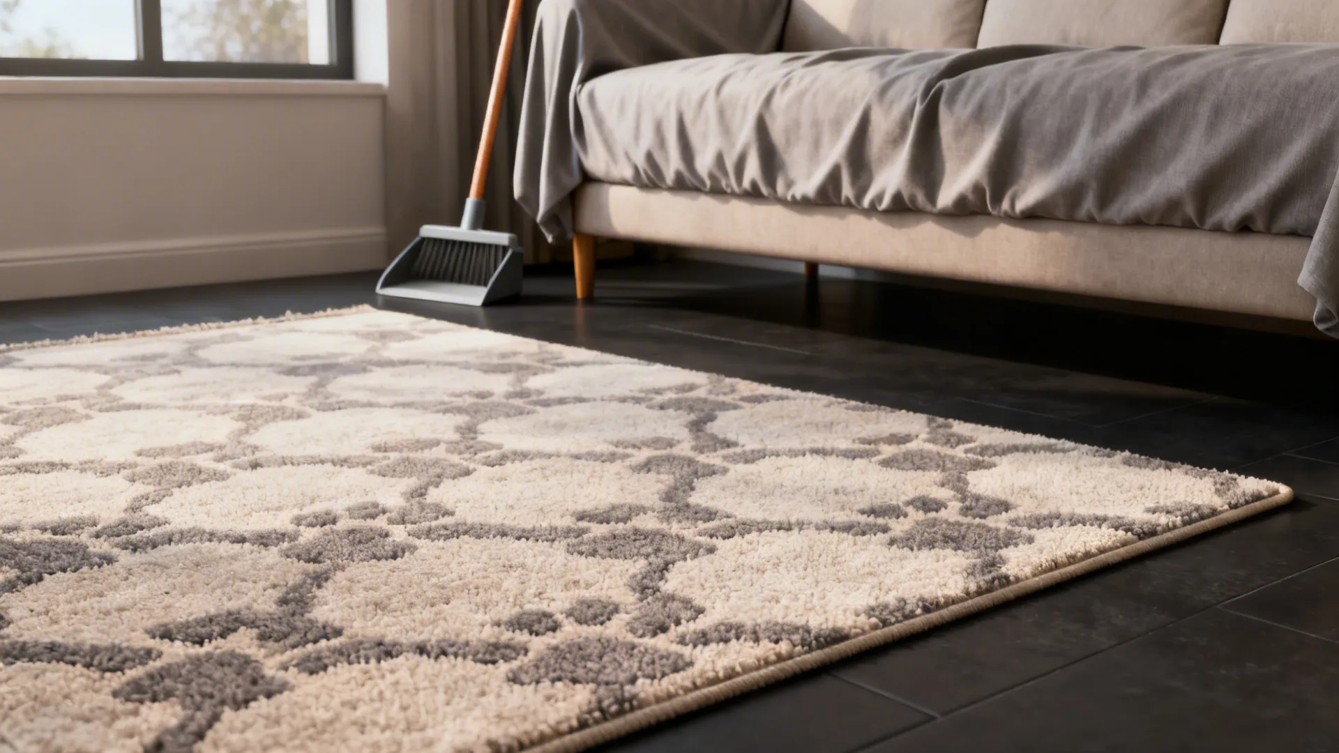 Mid-tone patterned rug and washable slipcover sofa on dark wood floor for pet-friendly design.