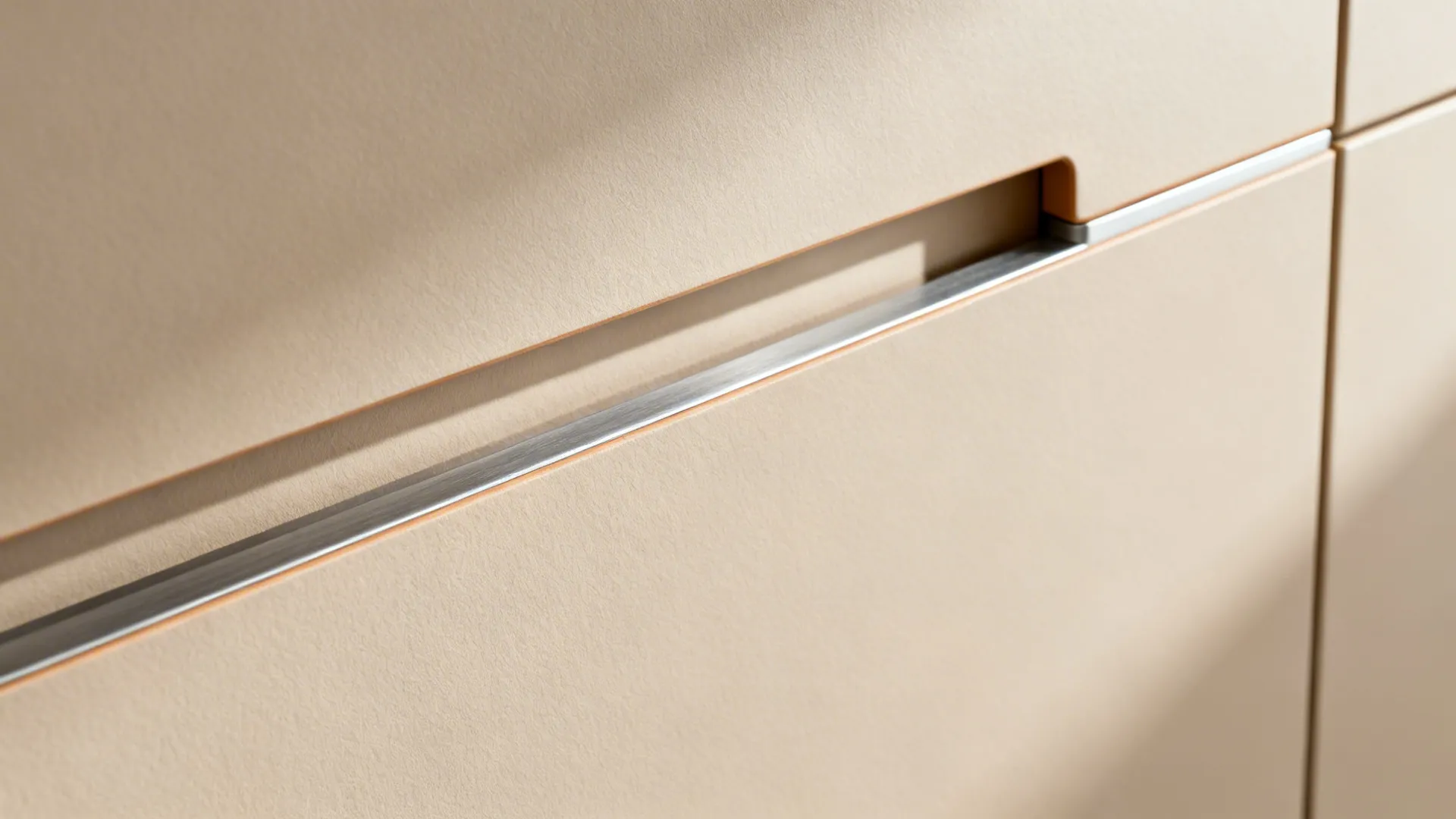 Macro view of matte PET laminate cabinet door with integrated pull and fine texture.