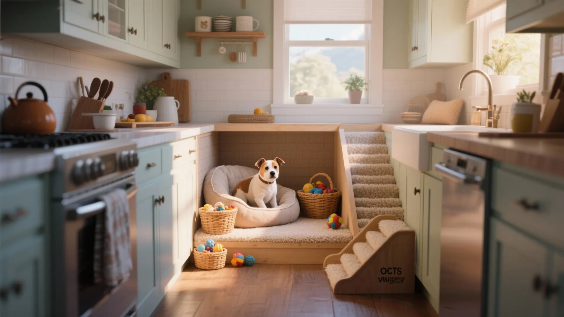 Cozy pet lounge nook with dog bed and toys