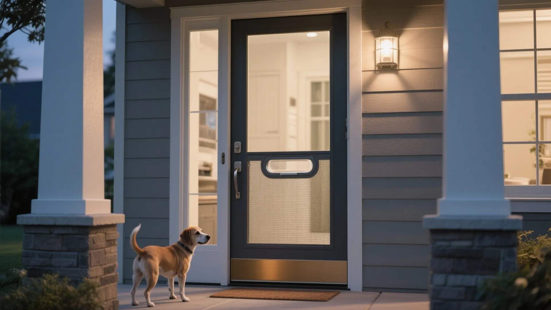 Small brown and white dog standing outside a modern front door with a pet screen