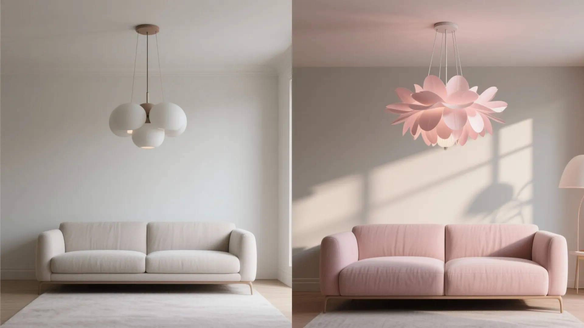 Before and after comparison of white globe light fixture versus pink flower shaped ceiling light