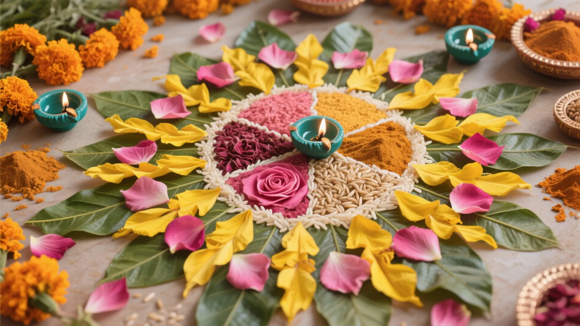 Eco-Friendly Petal Rangoli with Diyas