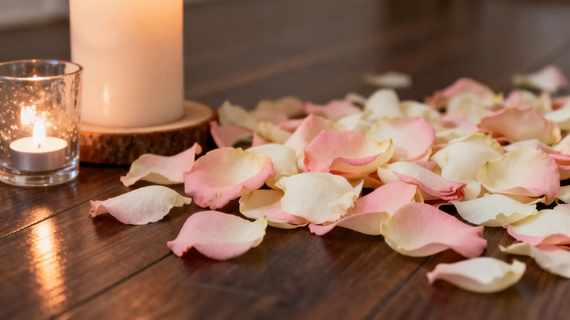 Macro of blush and ivory rose petals on dark wood beside a candle base.