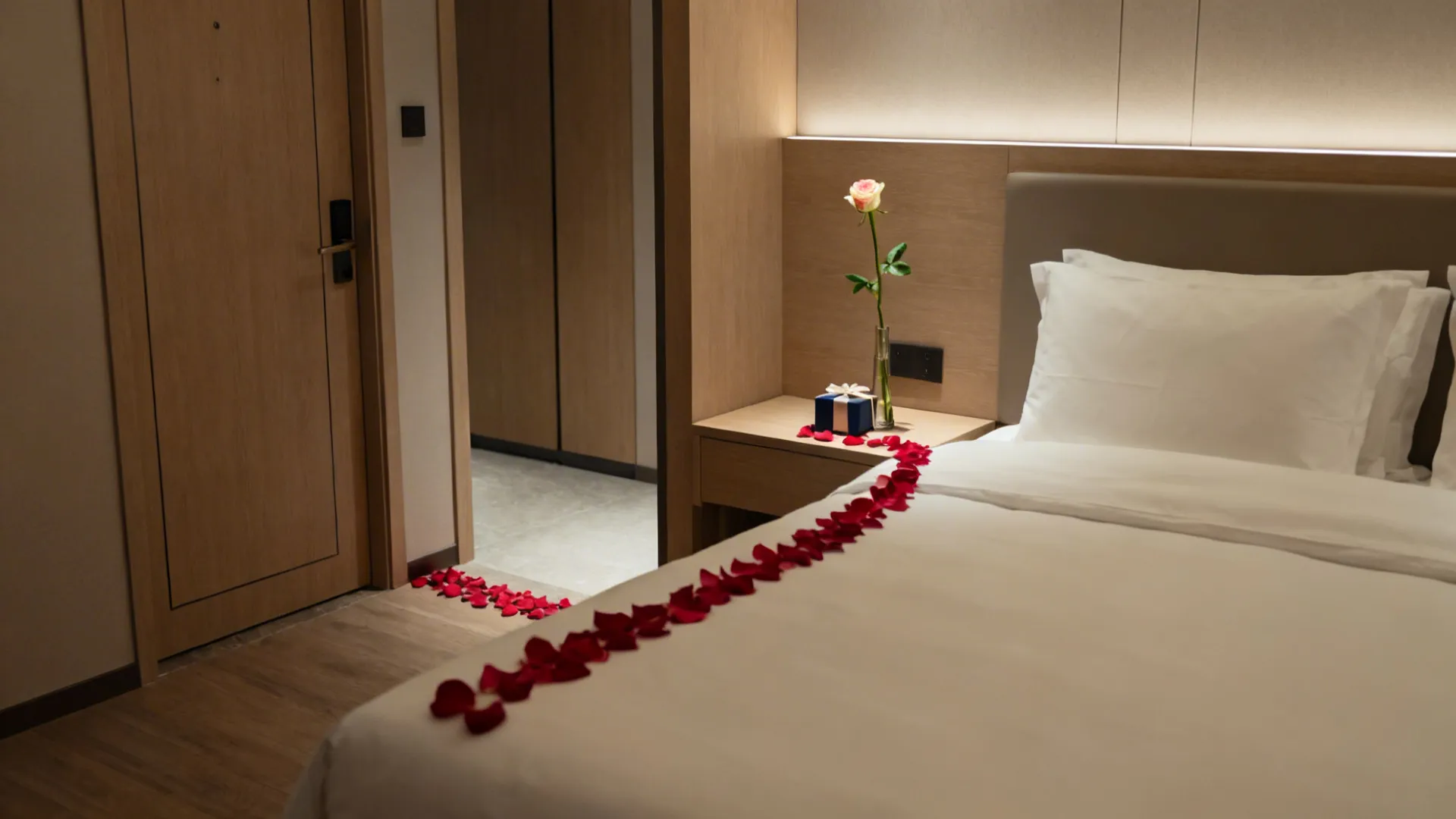 Red flower petals leading from a wooden door to a white bed with a gift box