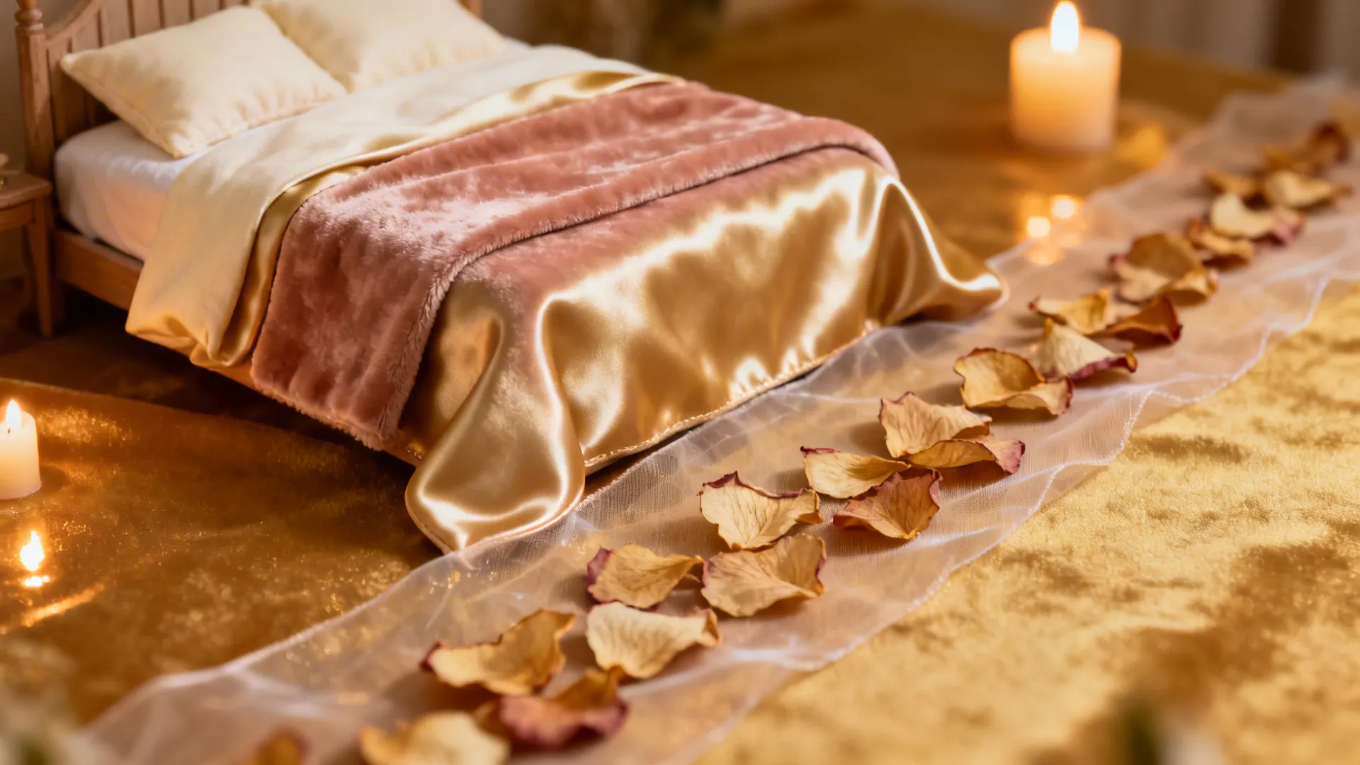 Miniature bed with pink and gold silk sheets beside flower petals and warm glowing candles