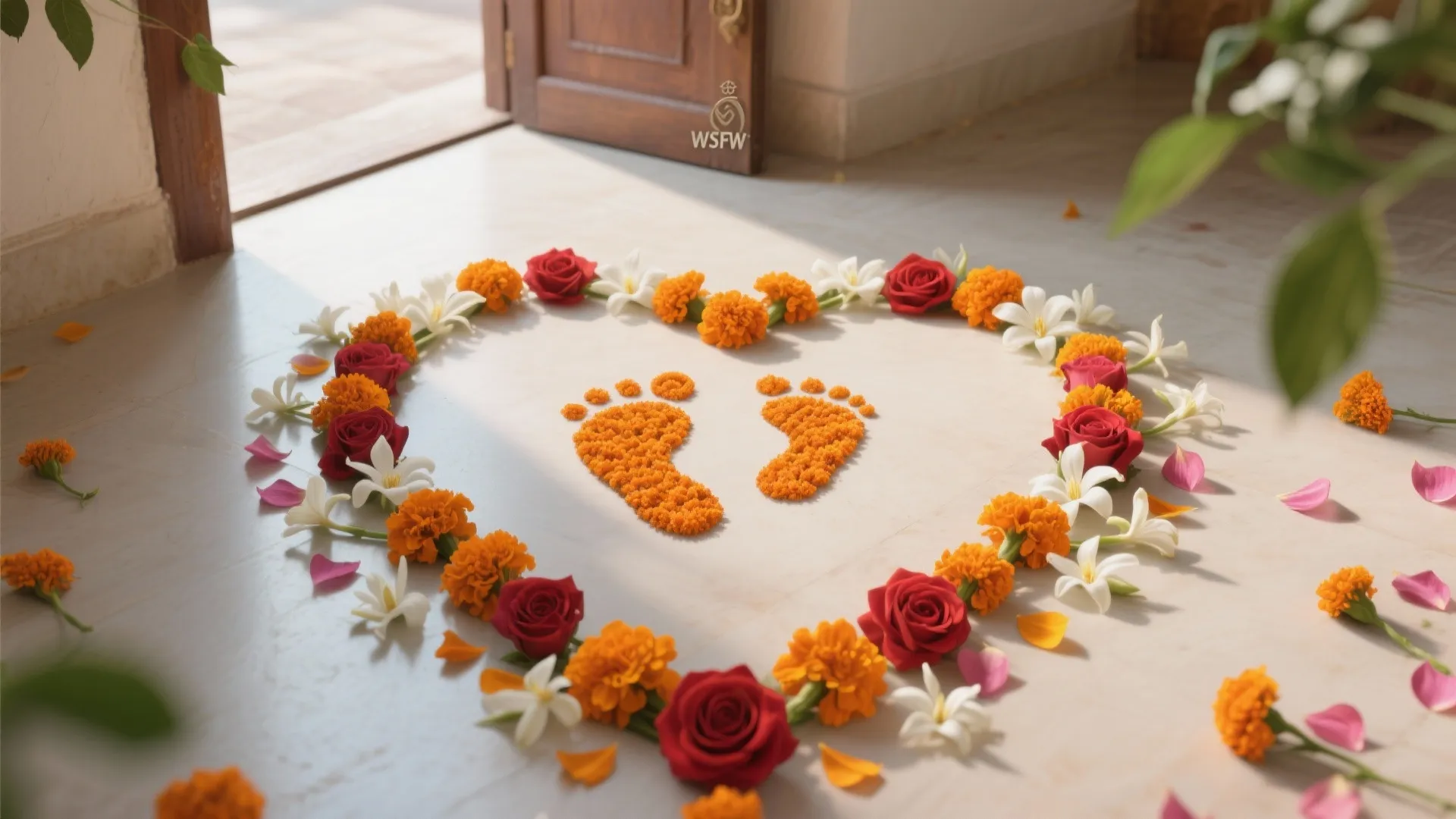 Heart shaped flower floor decoration with footprints made of orange petals near a wooden door