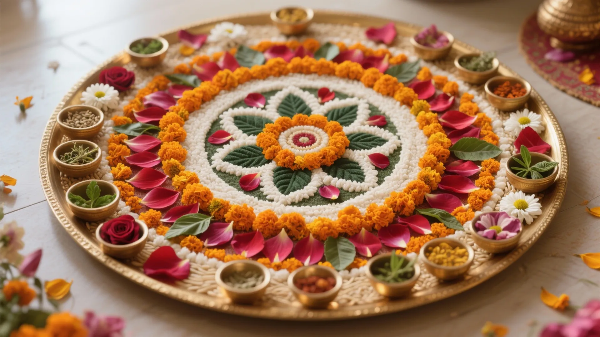 Layered Rangoli with Petals, Herbs, and Grain