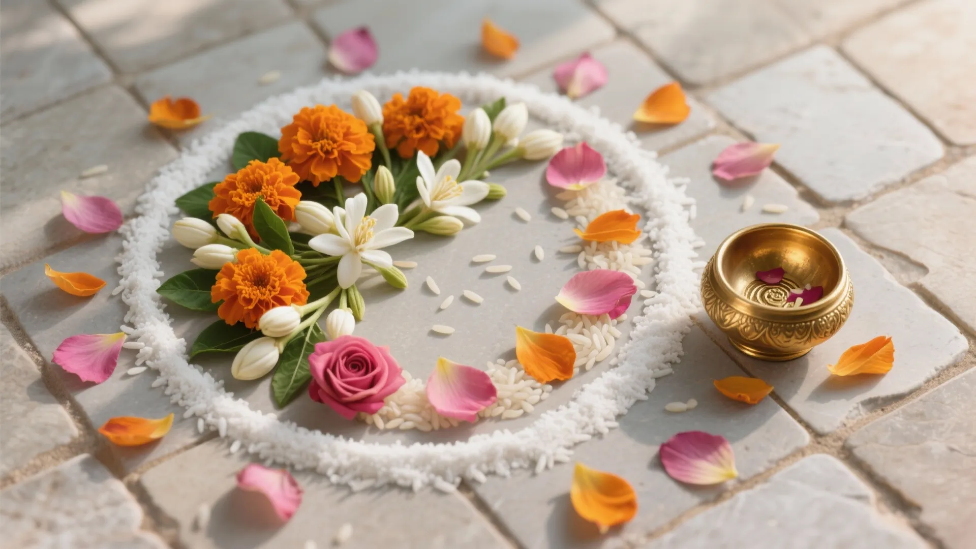 Petal-and-Rice Kolam: Color Without Pigments