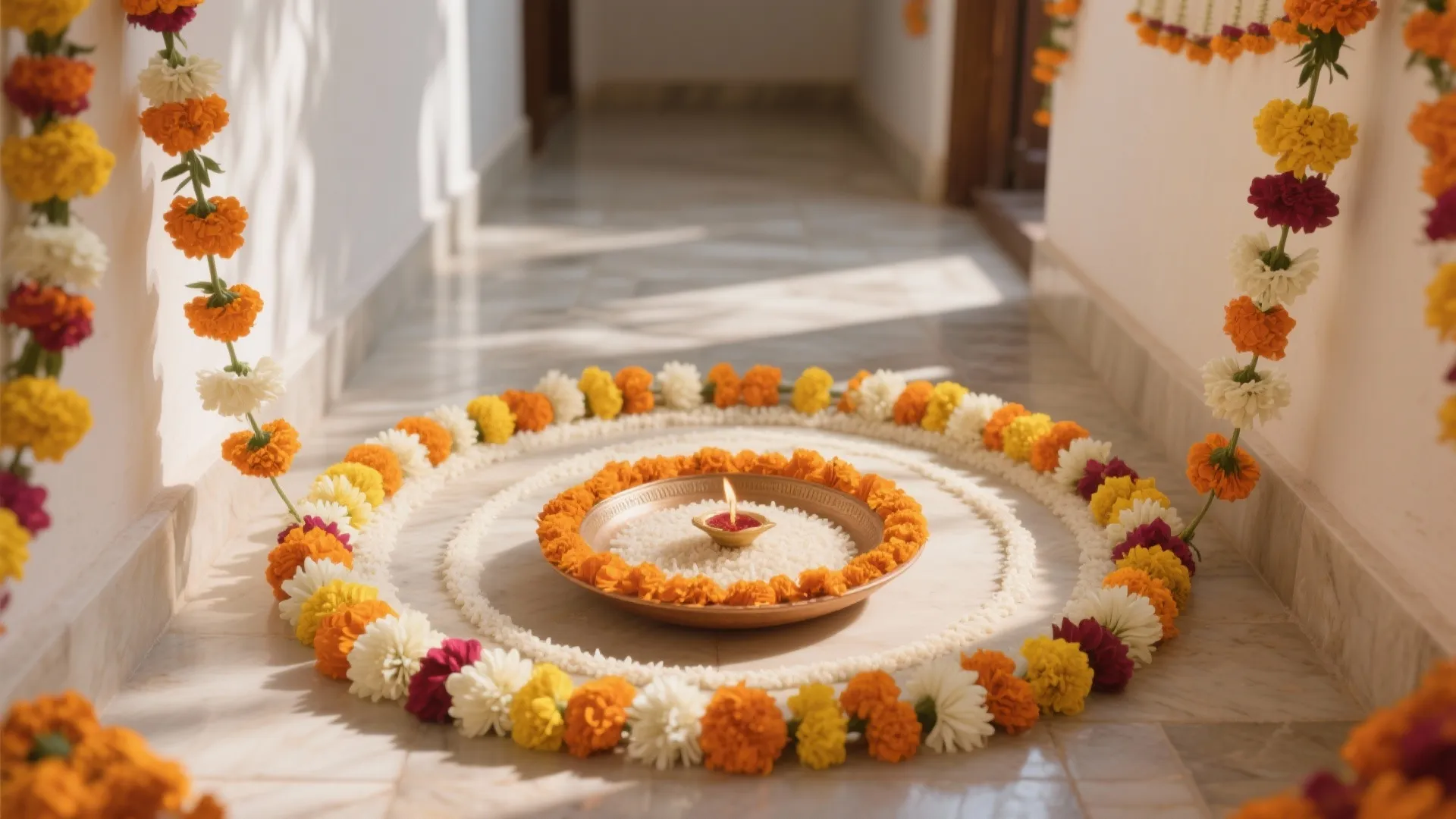 Floral Petal Rings Around the Pooja Setup