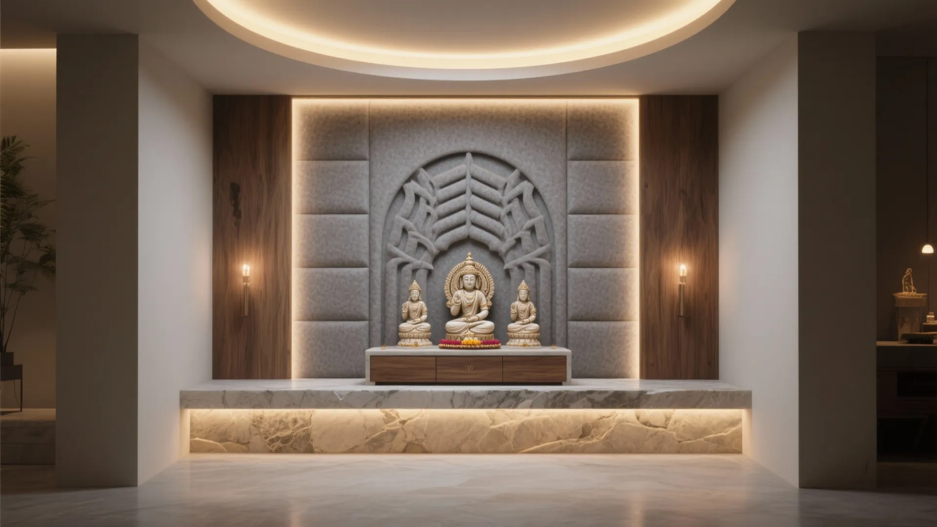 Modern prayer room with stone statues wood wall panel grey soft wall and marble platform