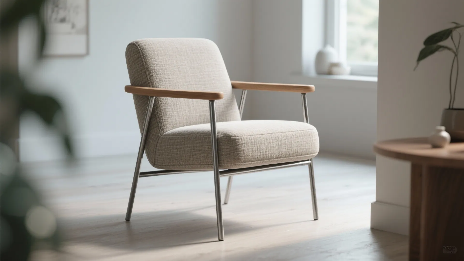 Modern armchair with wooden armrests and metal legs in a bright minimalist living room setting