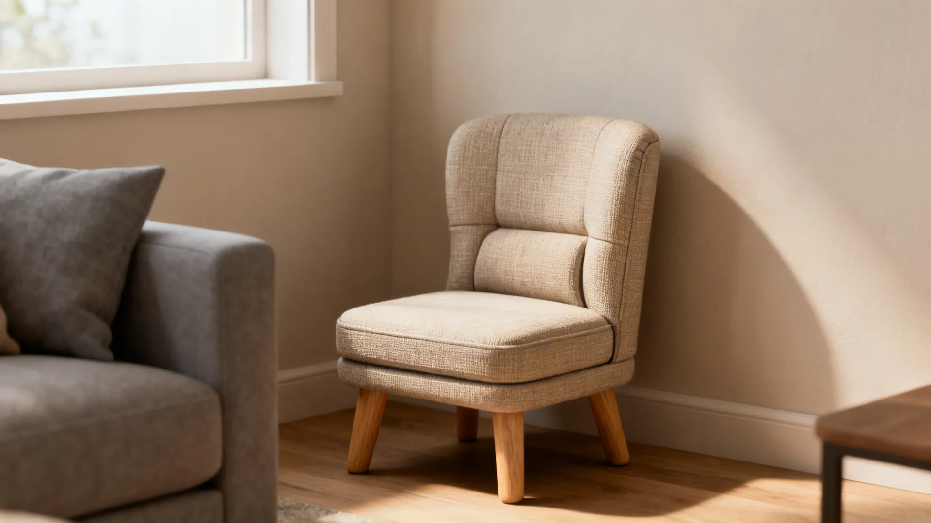 Petite club chair with reinforced lumbar support in a compact living room corner