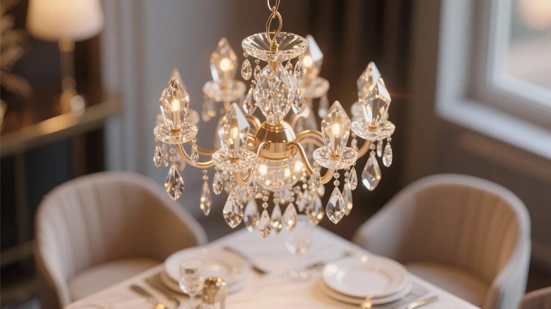 Close-up of a petite crystal chandelier showing delicate sparkle and warm reflections suitable for small rooms.