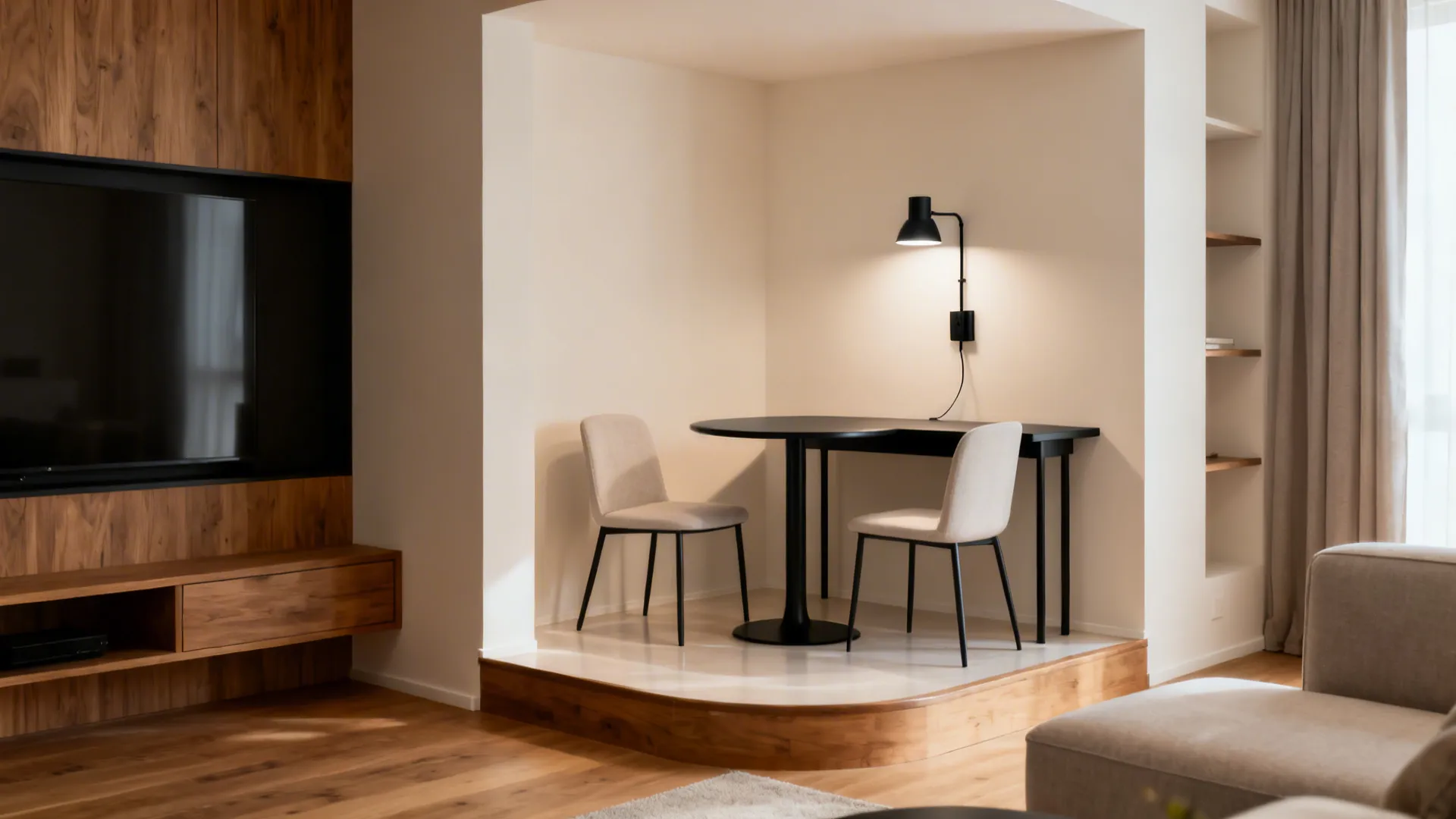 Small L-shaped corner with a round bistro table, two chairs, and task lighting.