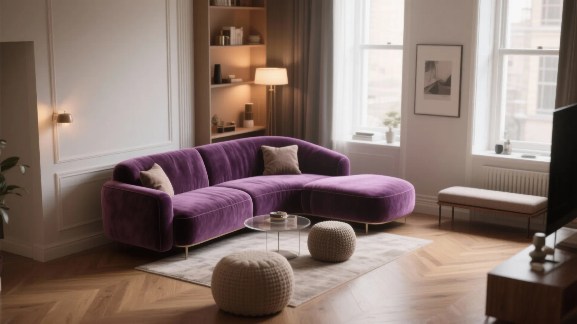 Purple velvet sofa on wood floor with small round footrests and a glass coffee table