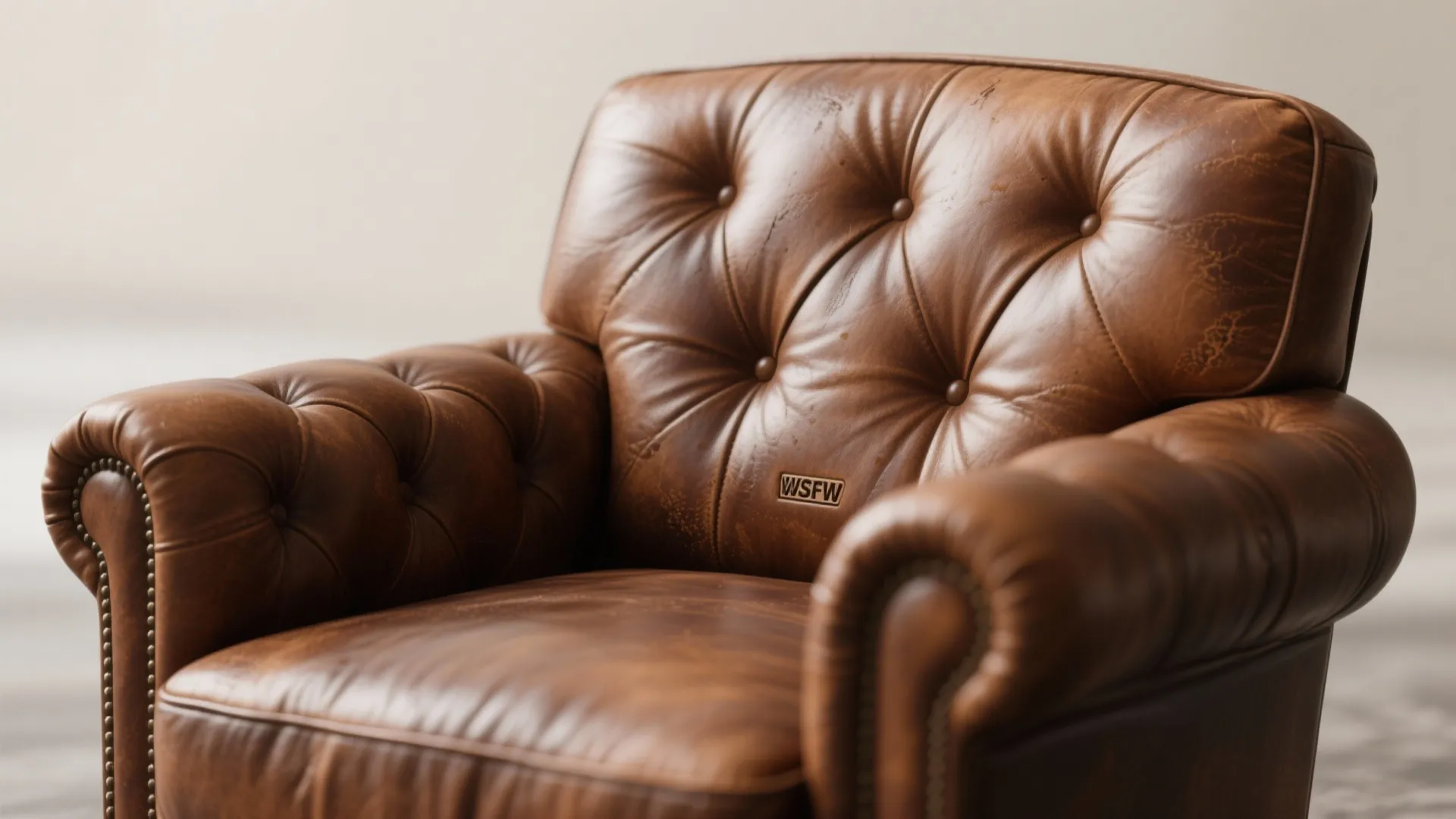 Macro detail of a petite top-grain leather club chair showing grain, stitching, and warm patina.