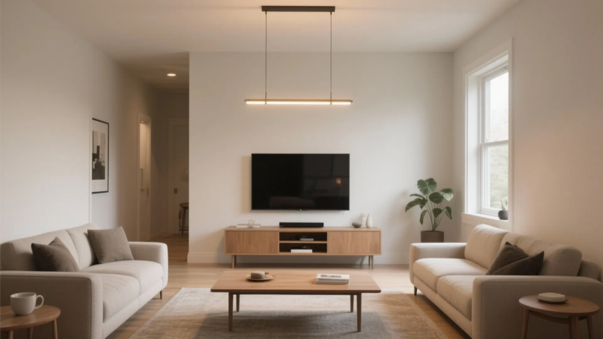 Petite Linear Chandelier Over Coffee Table