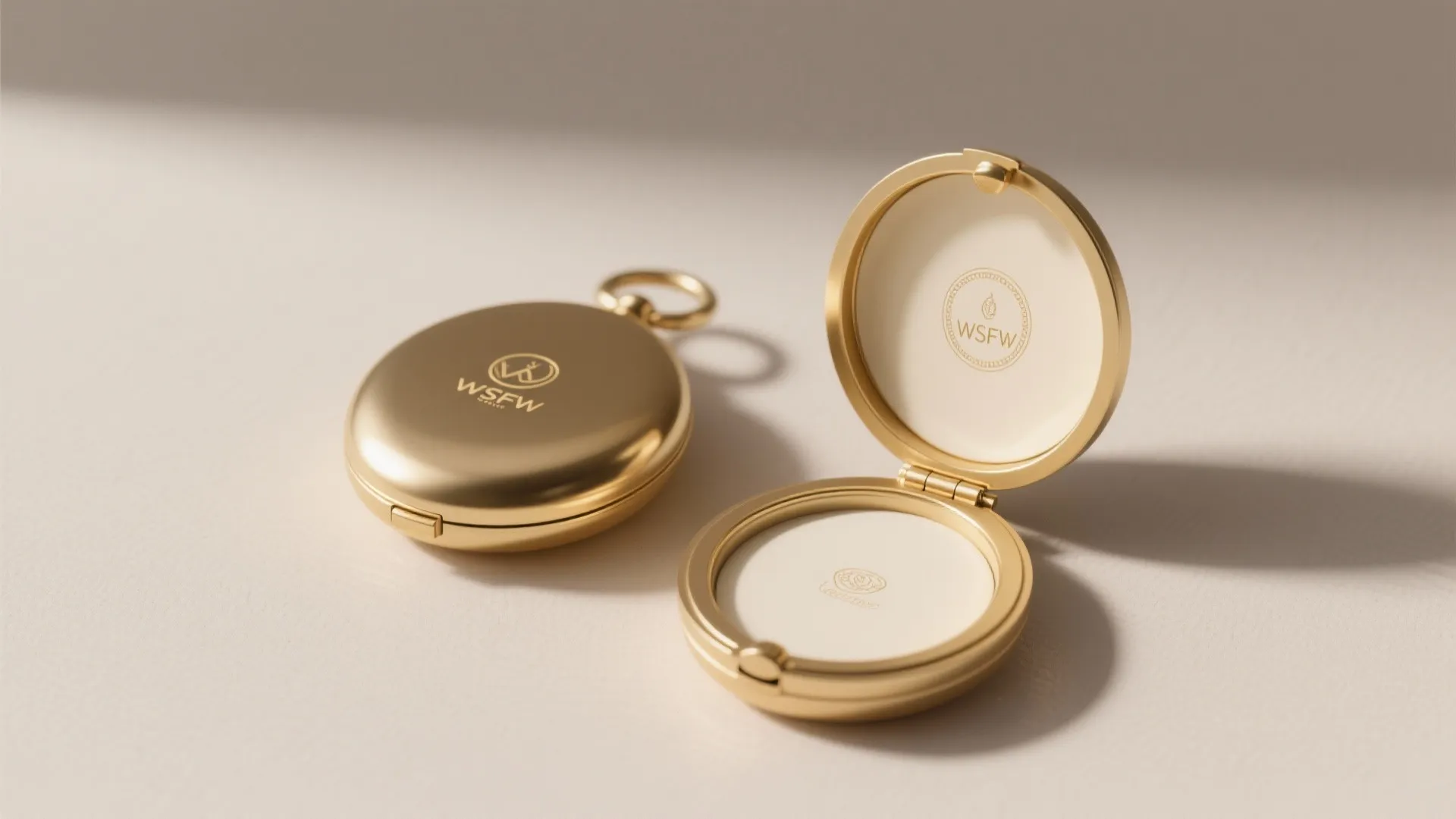 Small oval gold locket shown closed and opened with a minimal interior in soft daylight.