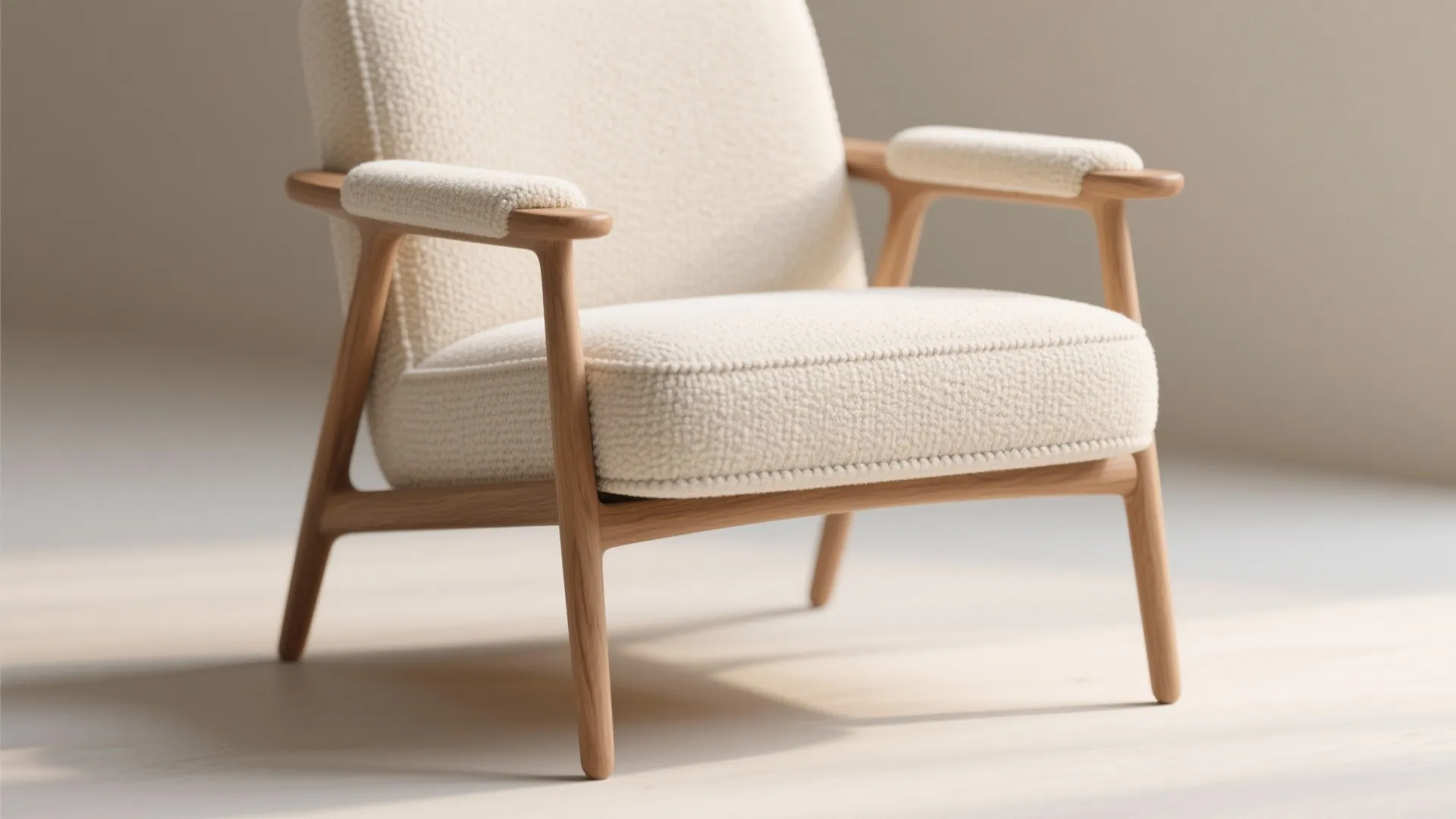 Close-up of a petite lounge chair showcasing boucle upholstery, low seat, and slim oak legs.