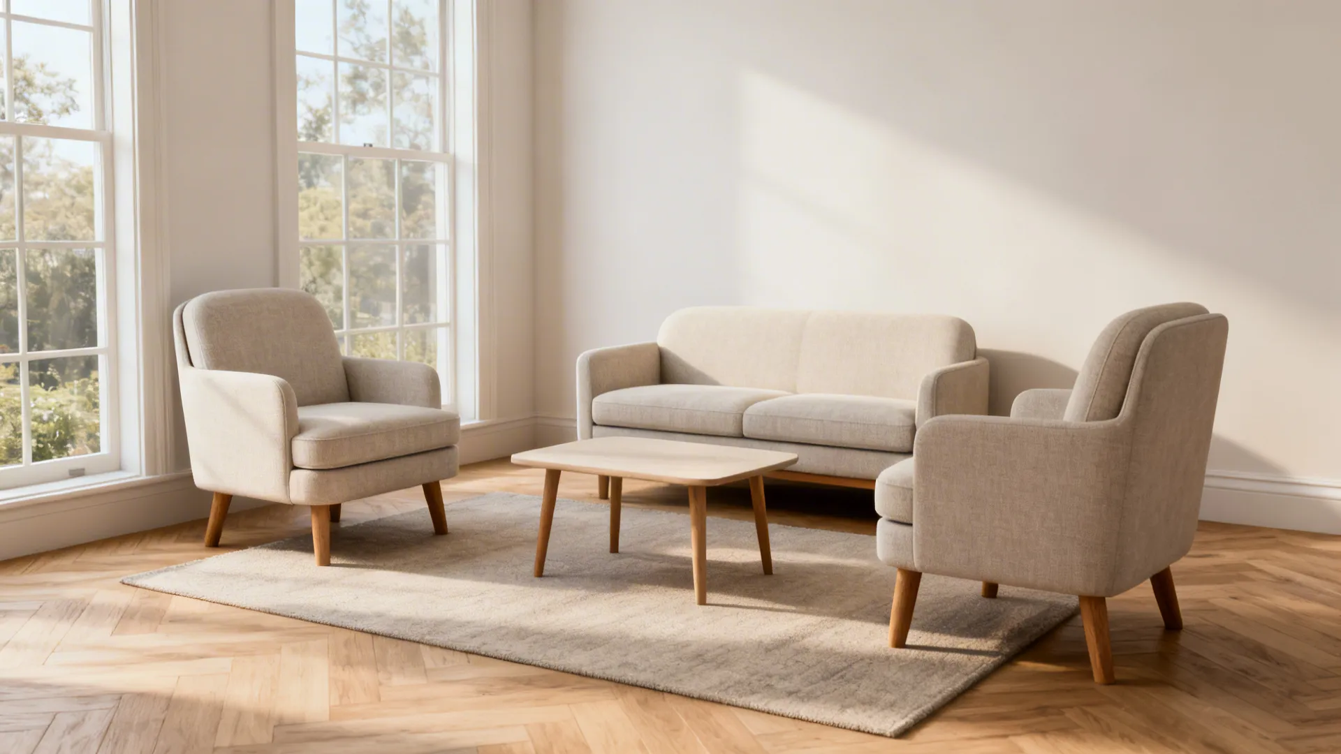 Petite armless loveseat paired with two accent chairs forming a cohesive small-room seating group.