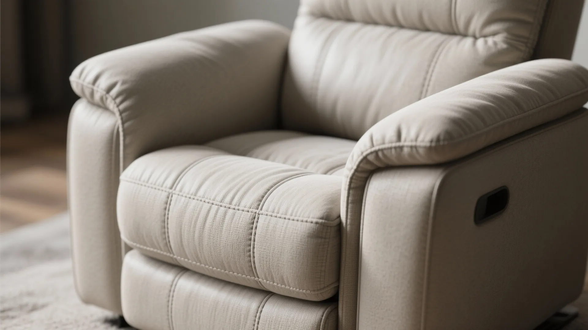 Modern beige leather sofa chair with soft padding and high armrests in a bright room