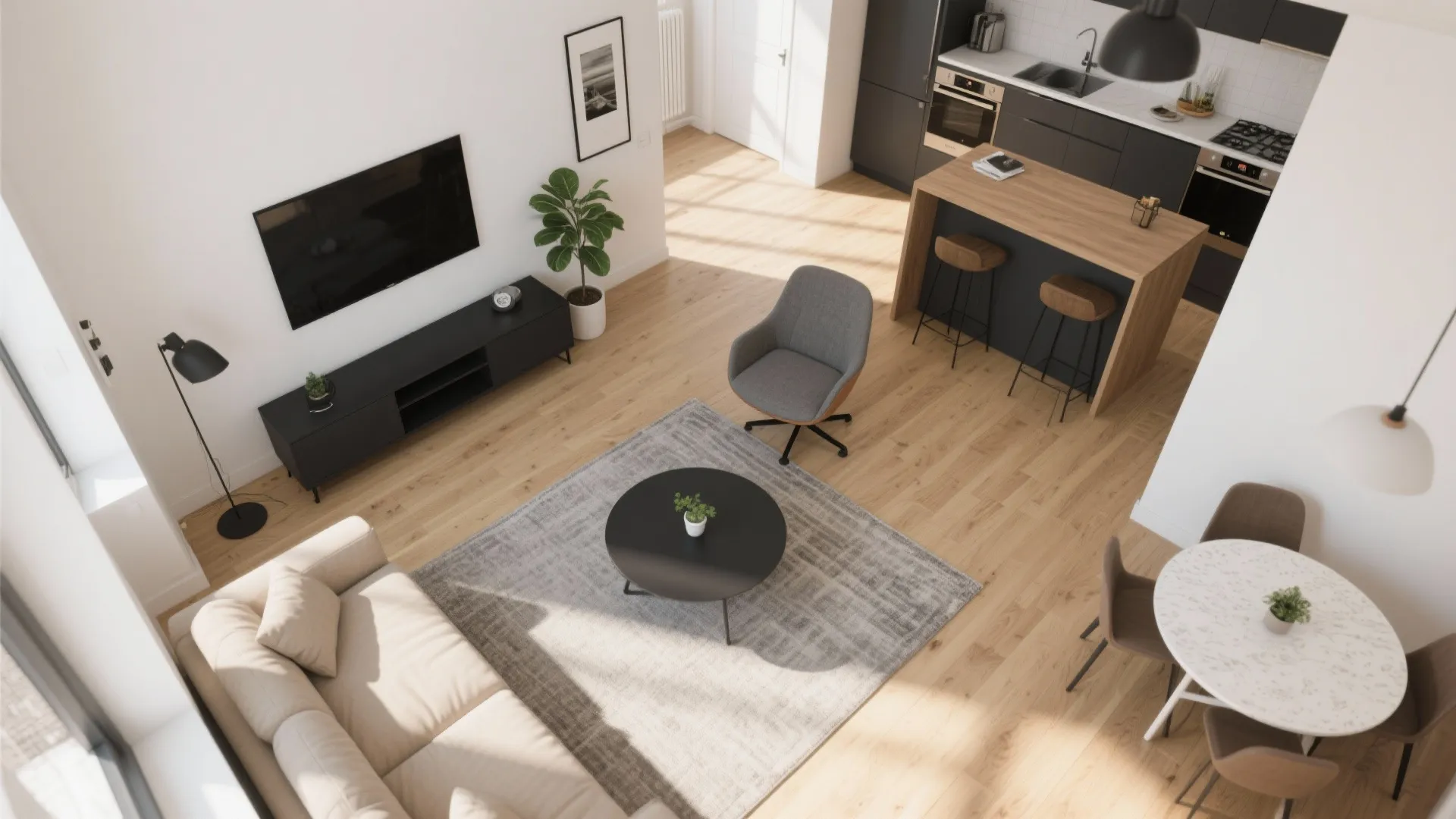 Modern open plan apartment with grey sofa wooden flooring kitchen island and small white dining table
