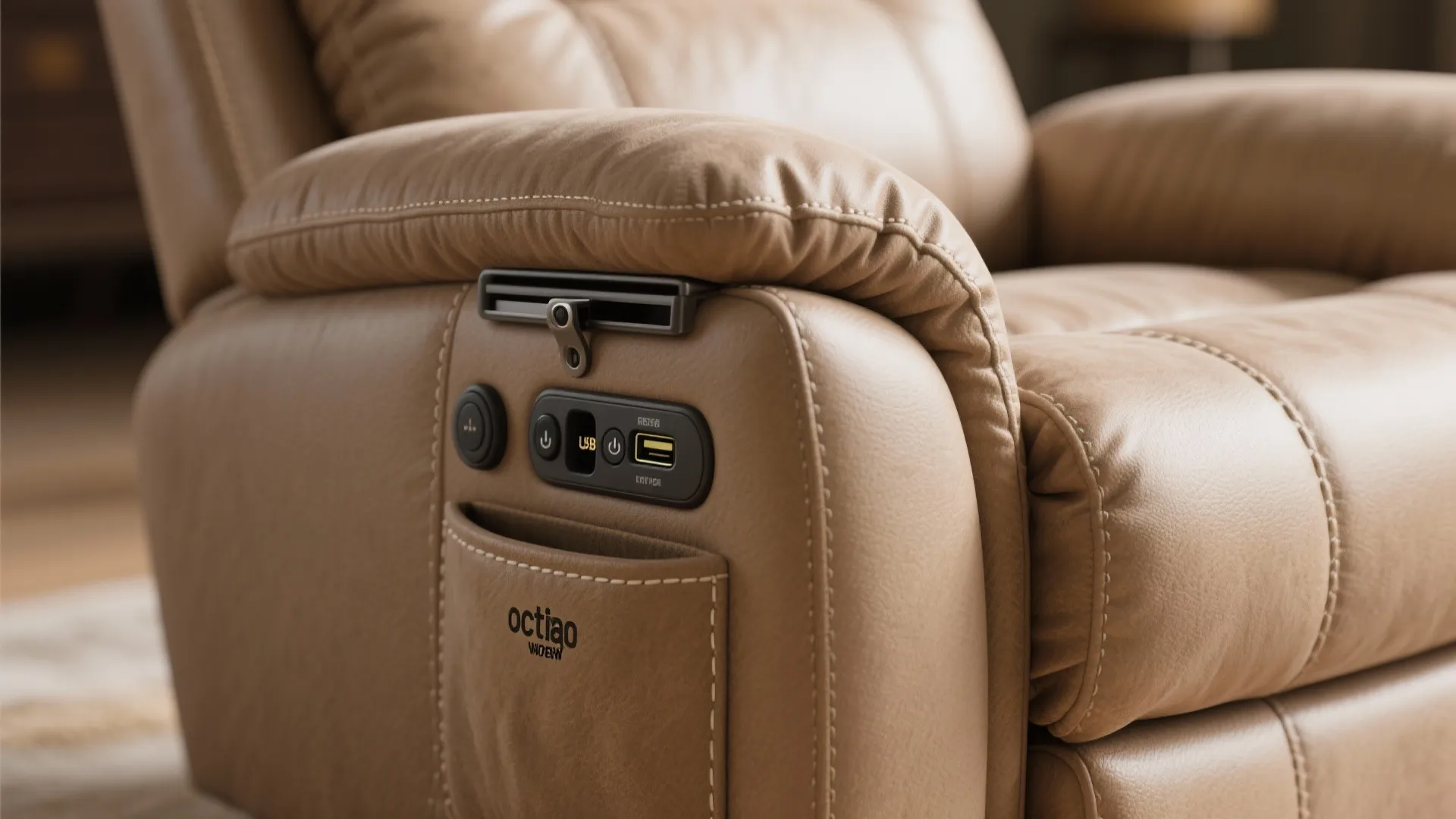 Brown leather chair with built in USB port and control buttons on the side armrest