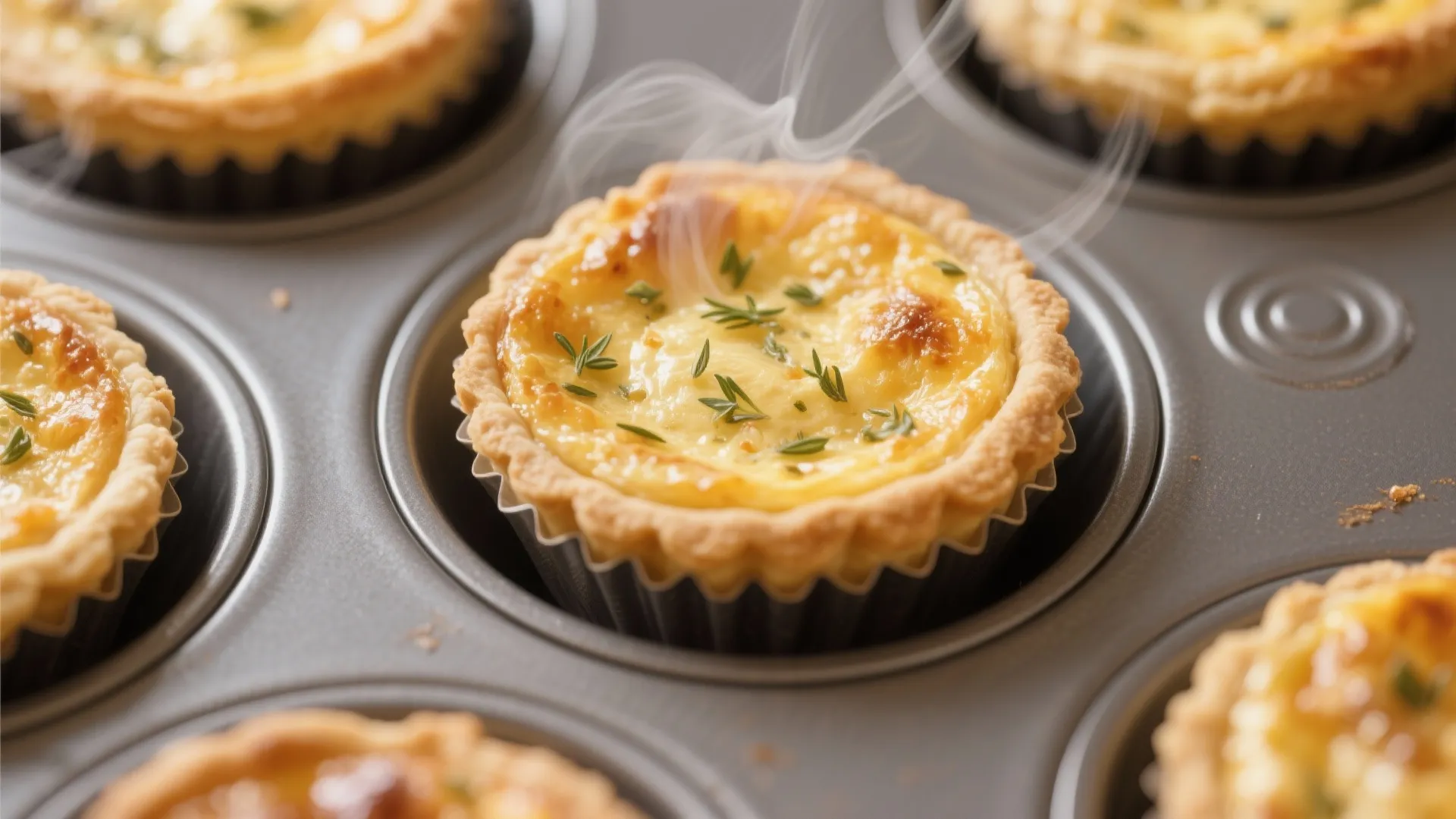 Freshly baked small egg tarts with green herbs in a metal baking pan with steam