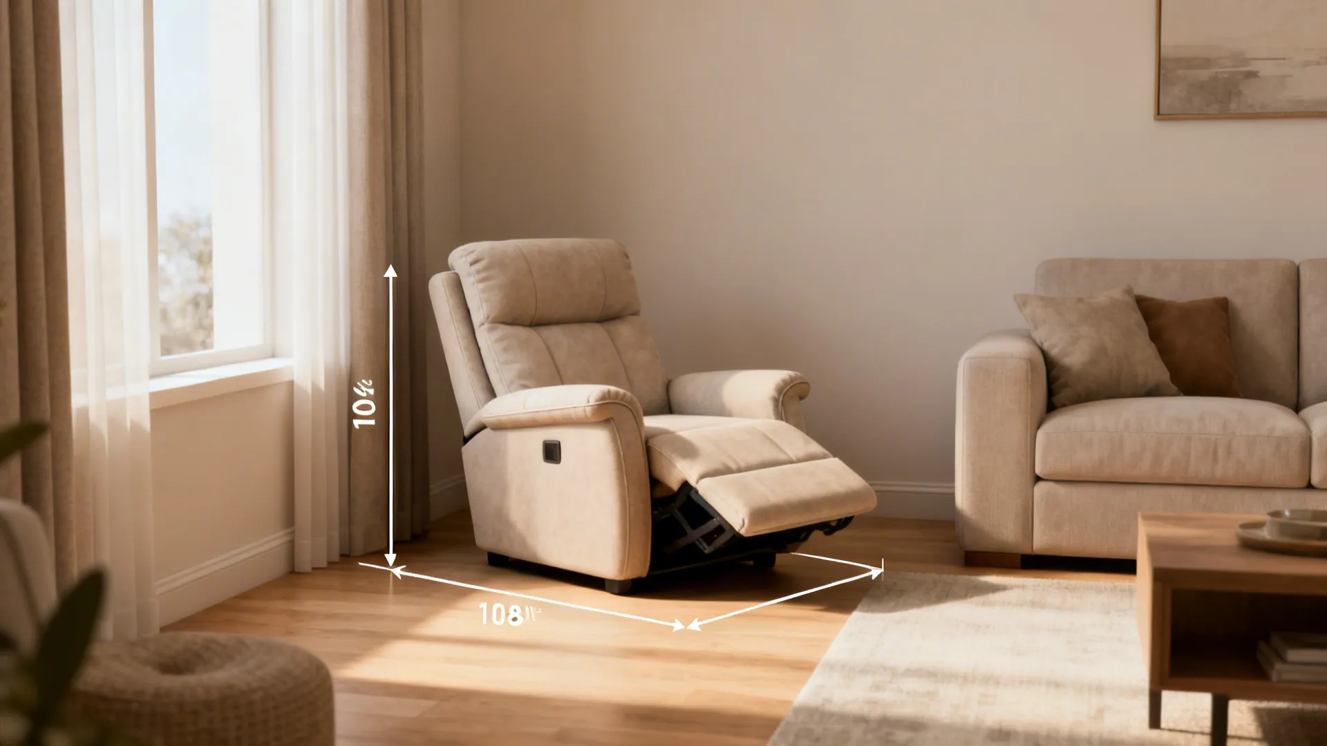 Petite recliner shown partially reclined in a small living room with visible clearance behind.