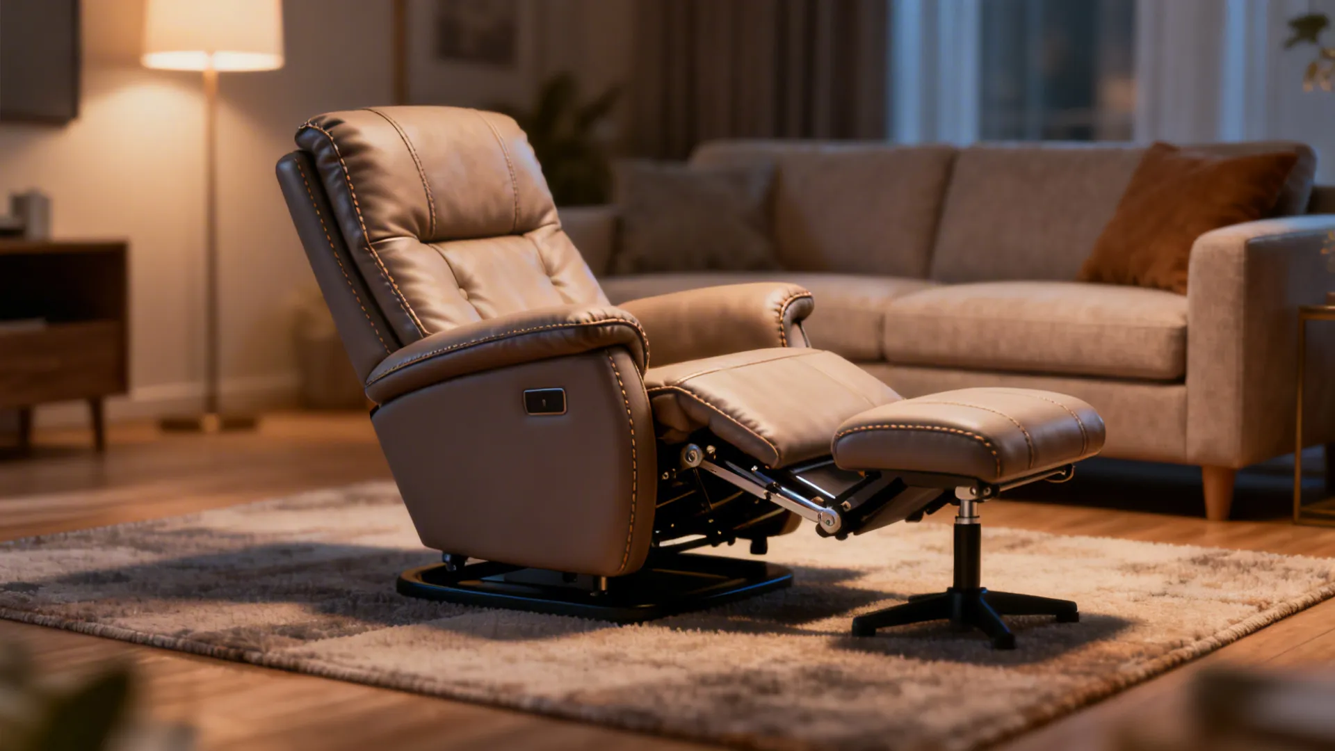 Small recliner partially reclined in a compact living room, showing required clearance and luxe upholstery.