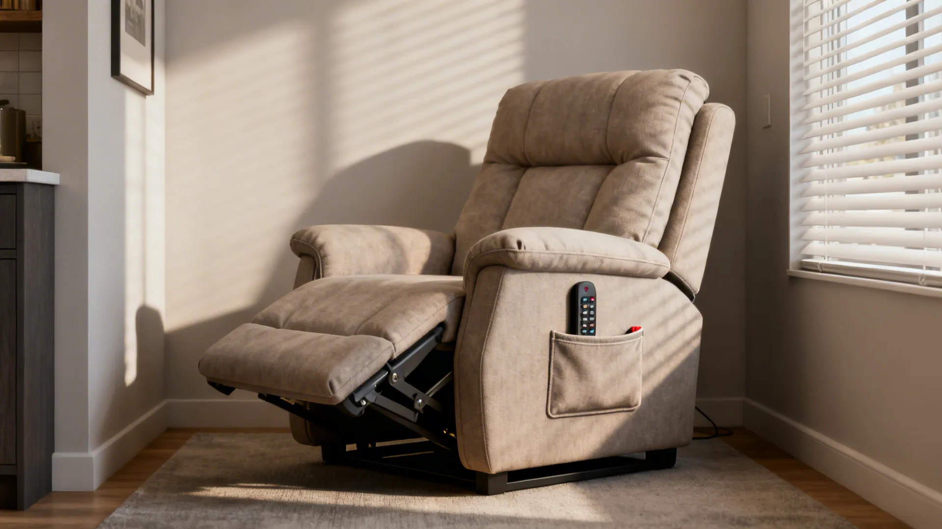 Petite recliner with compact mechanism suitable for small living rooms with limited clearance.