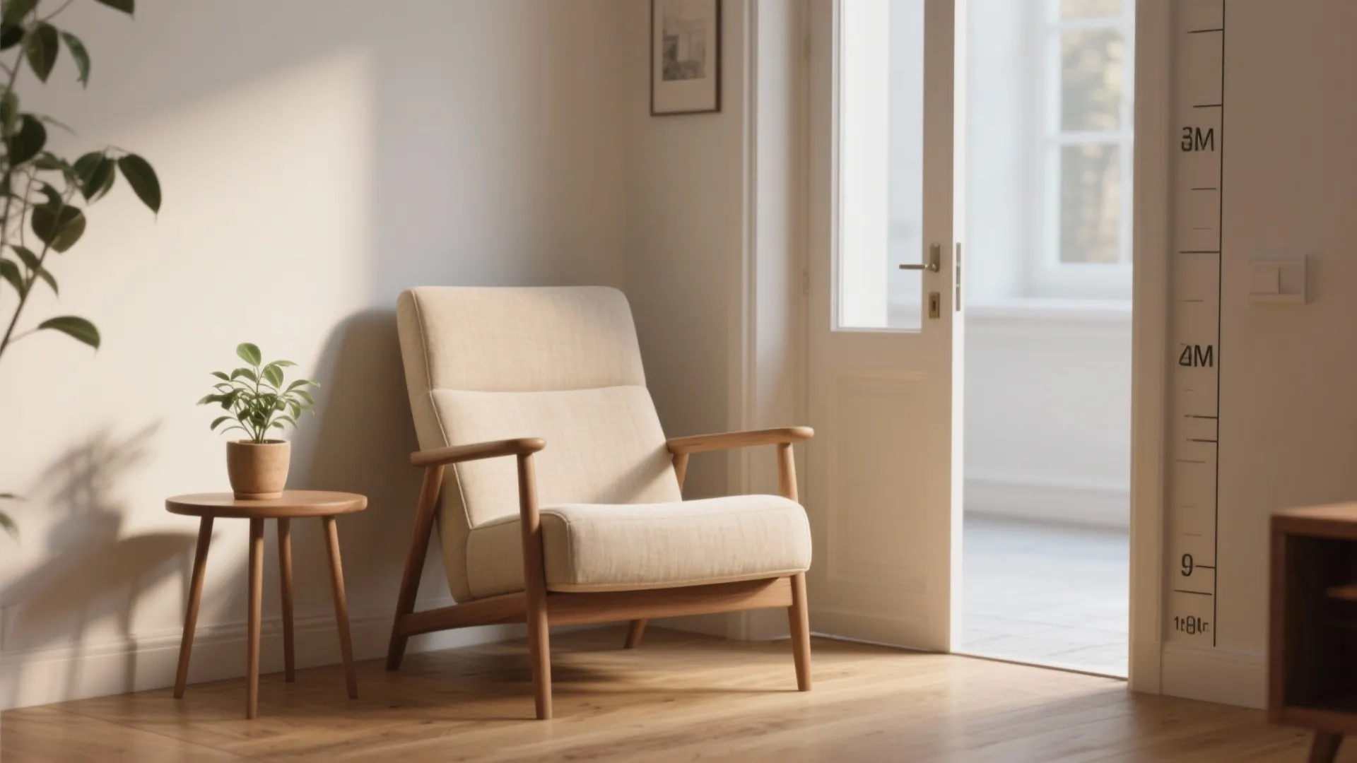 Minimalist beige chair and small wooden side table with green plant in a bright room