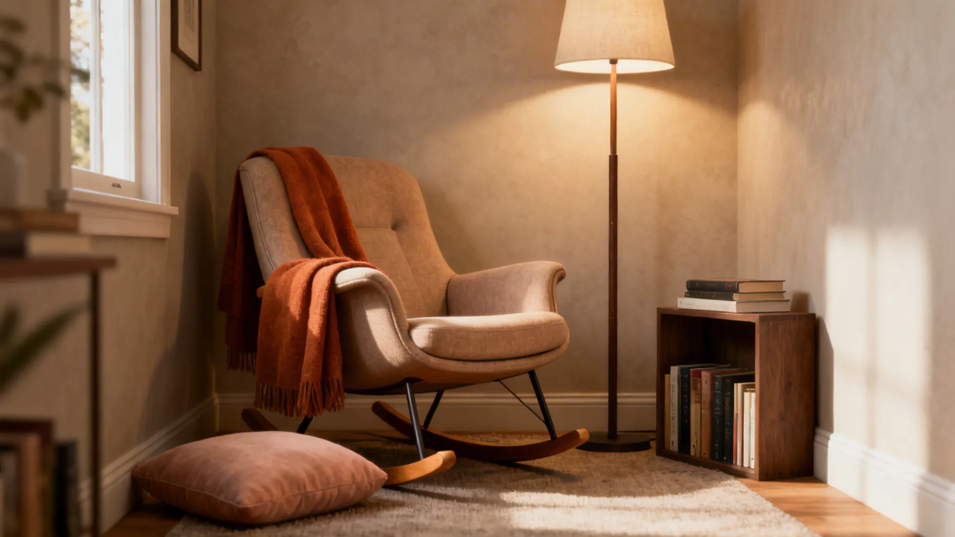 Small cozy corner with a petite rocker-recliner under a floor lamp and a nearby bookshelf.