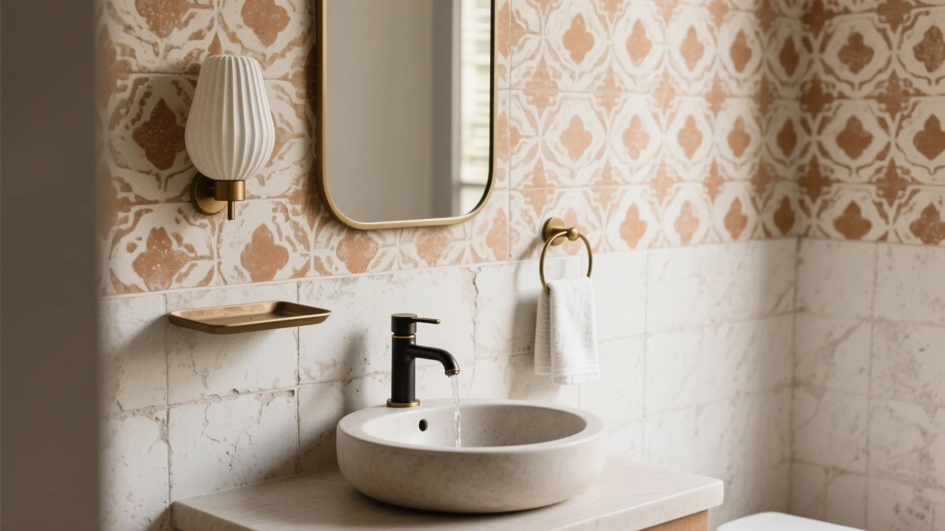 Petite round basin set against a statement limewash or patterned tile wall in a tiny powder room.