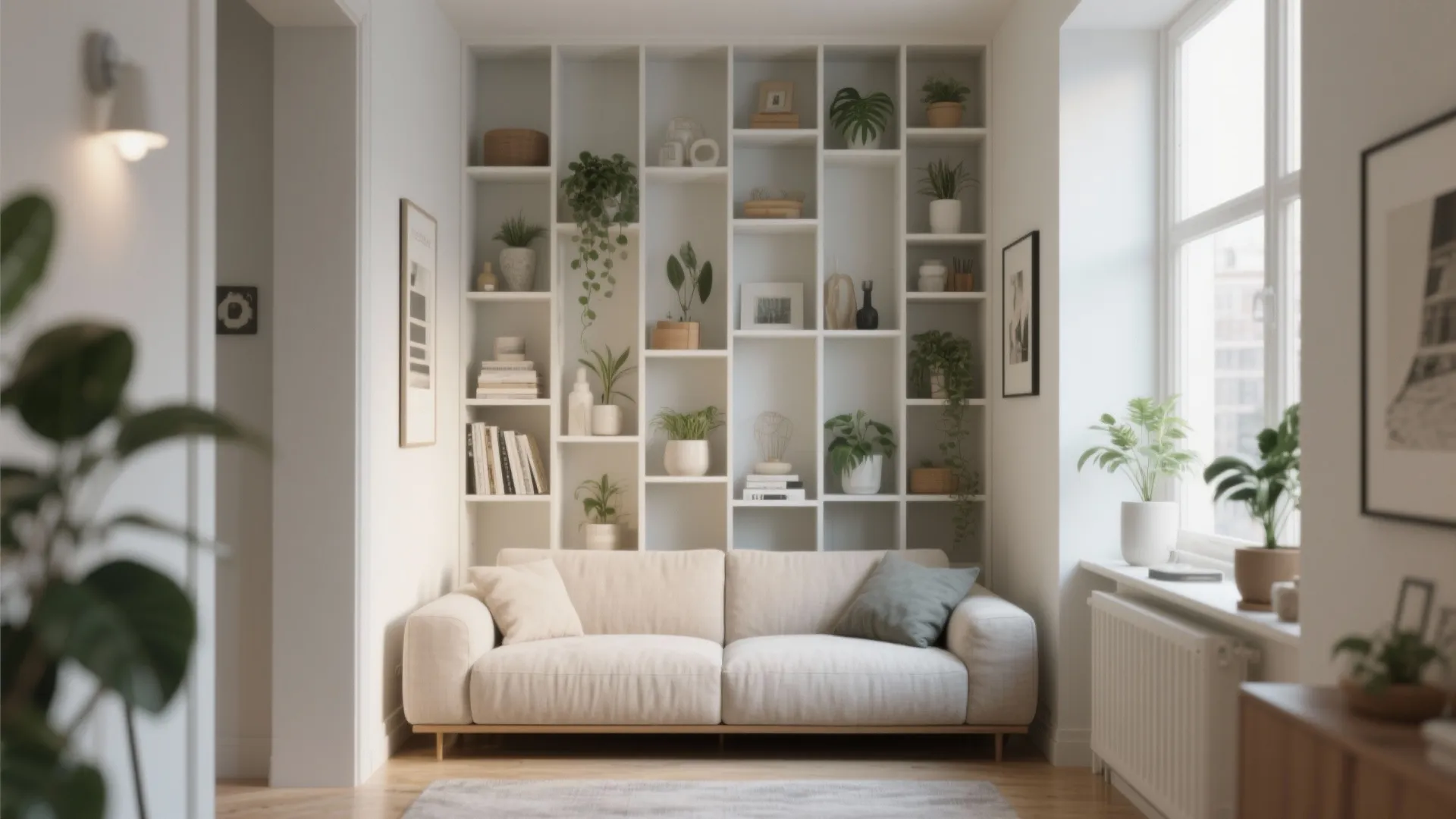 Small living room with white sofa, floor-to-ceiling bookshelves, potted plants, wall light, and window