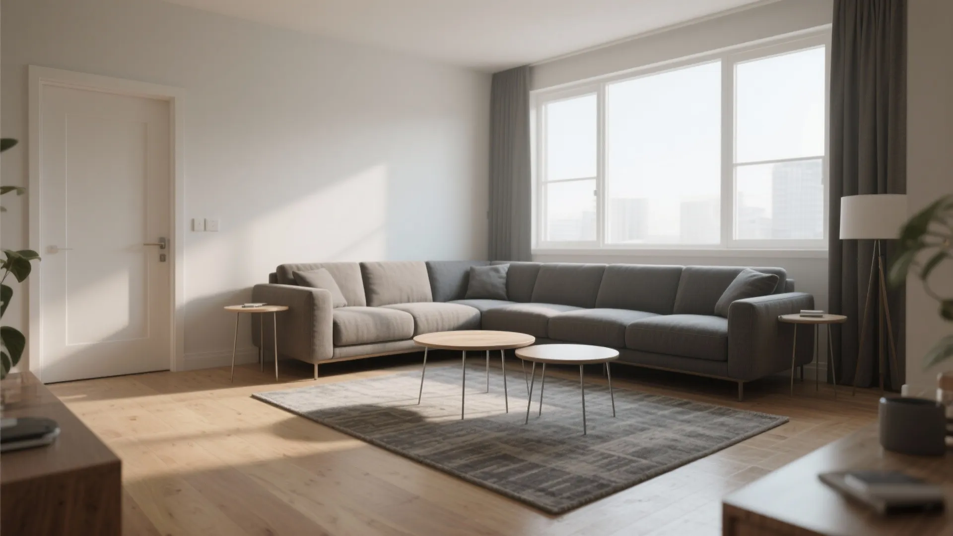 3) Petite sectional + slim tables: narrow-room hero