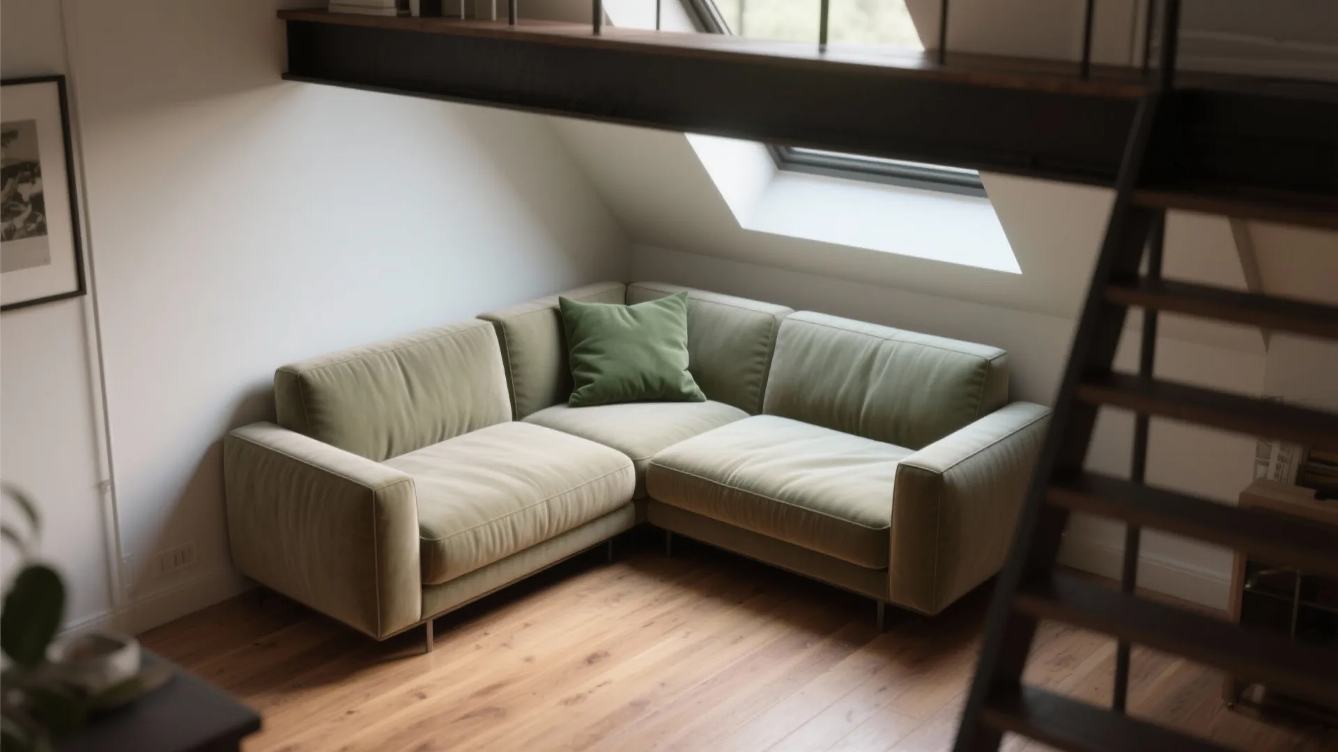 Small green corner sofa under a roof window and wooden stairs in a cozy room layout