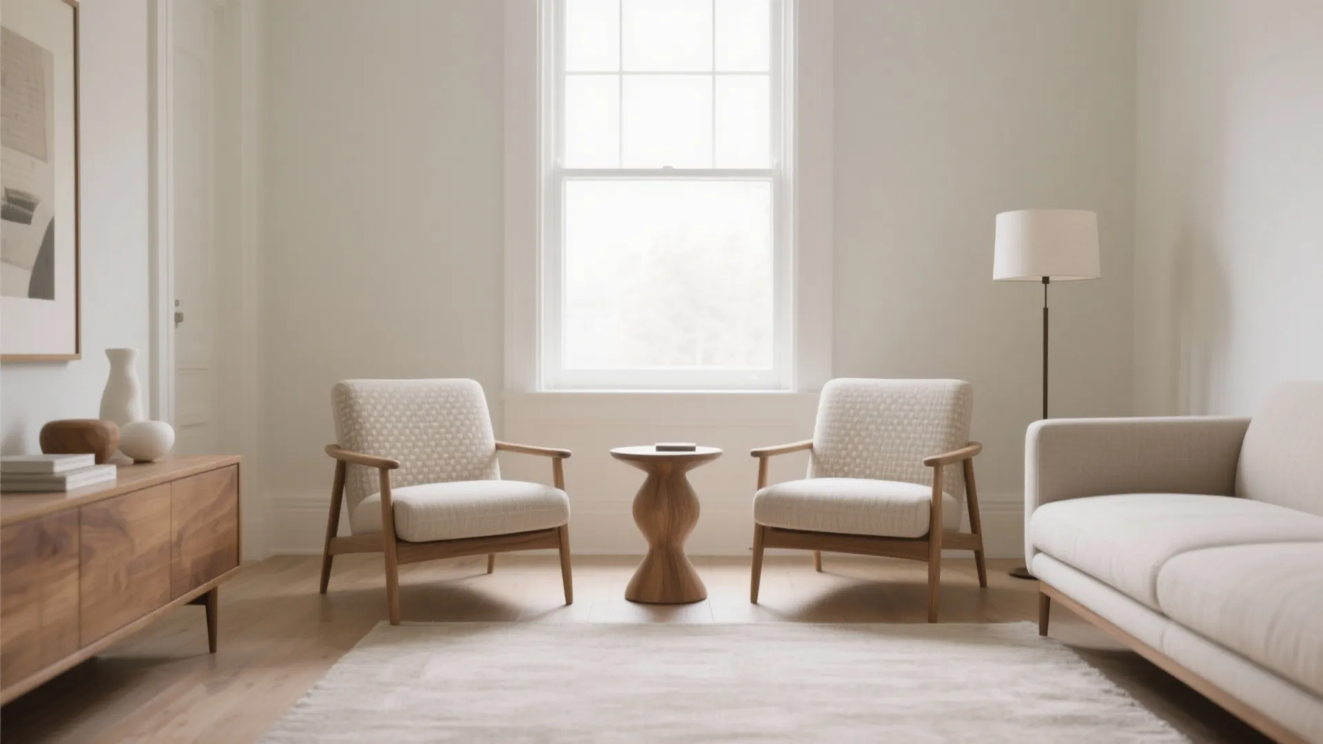 Bright living room featuring two armchairs and a small wooden side table placed near window