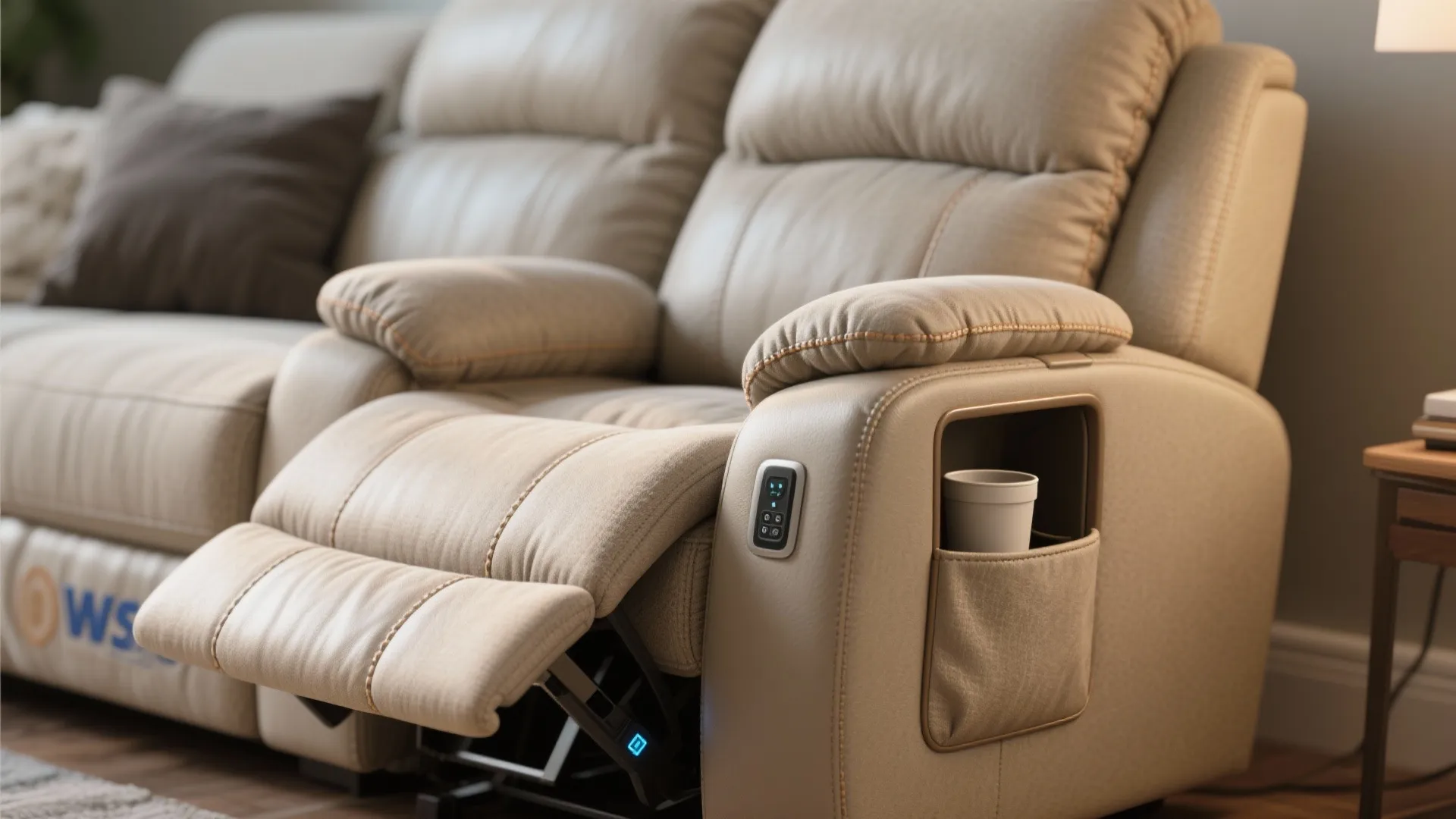 Close-up of beige leather electric sofa featuring side storage pocket with cup and control buttons