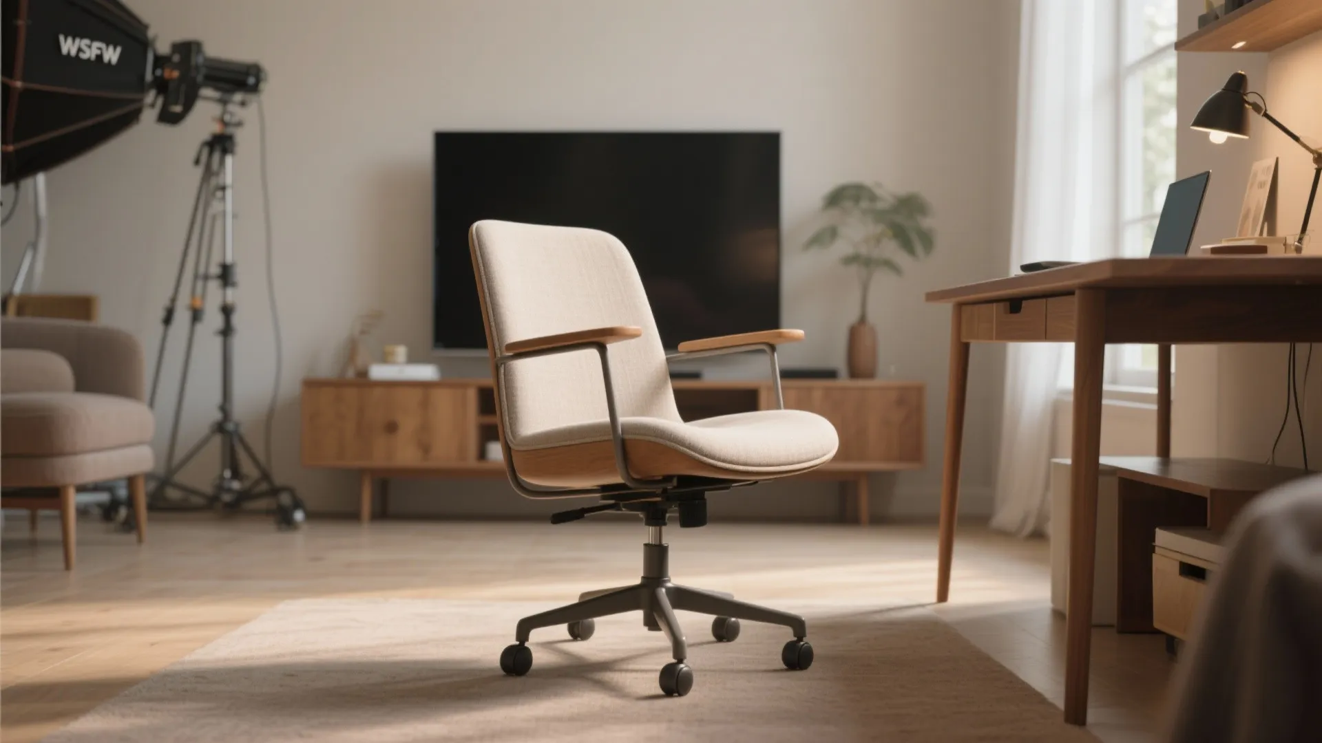 Modern home office area with beige desk chair wooden table black television and soft lighting