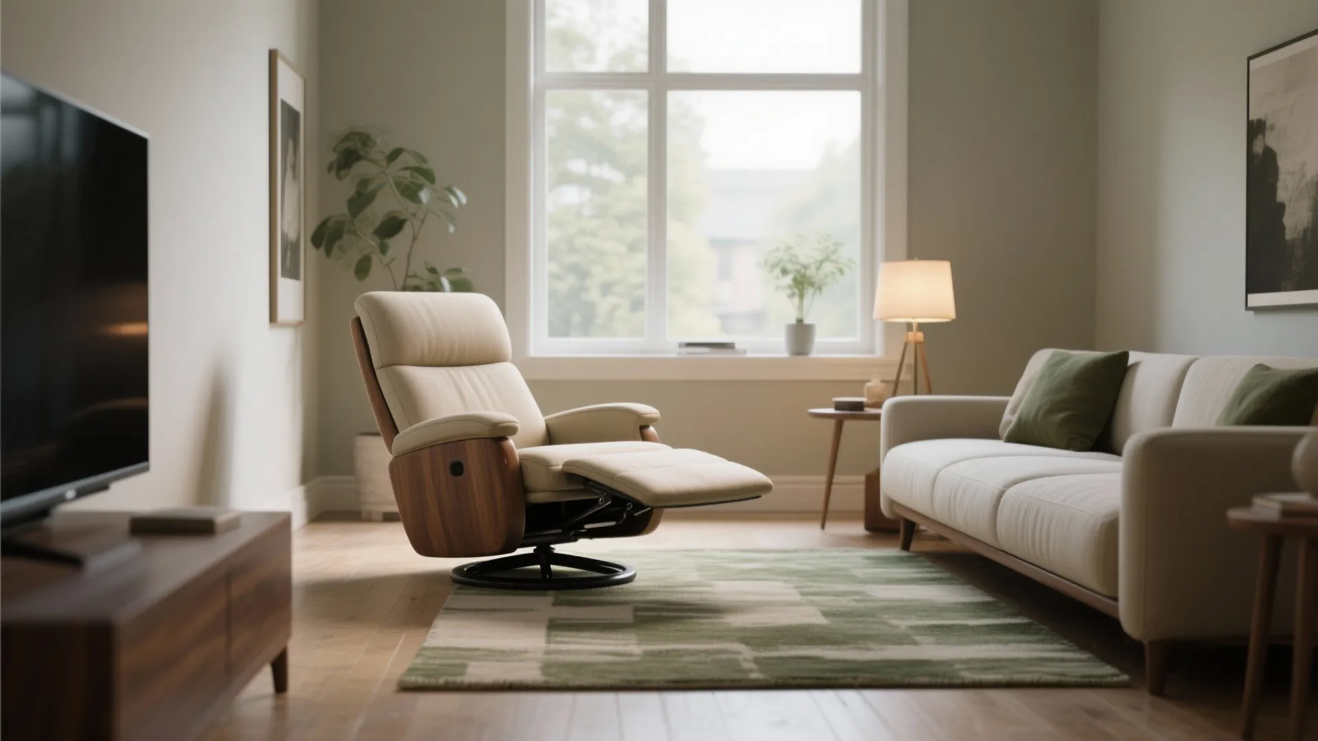 Petite swivel small recliner for living room with hidden base by a window, tailored and airy.